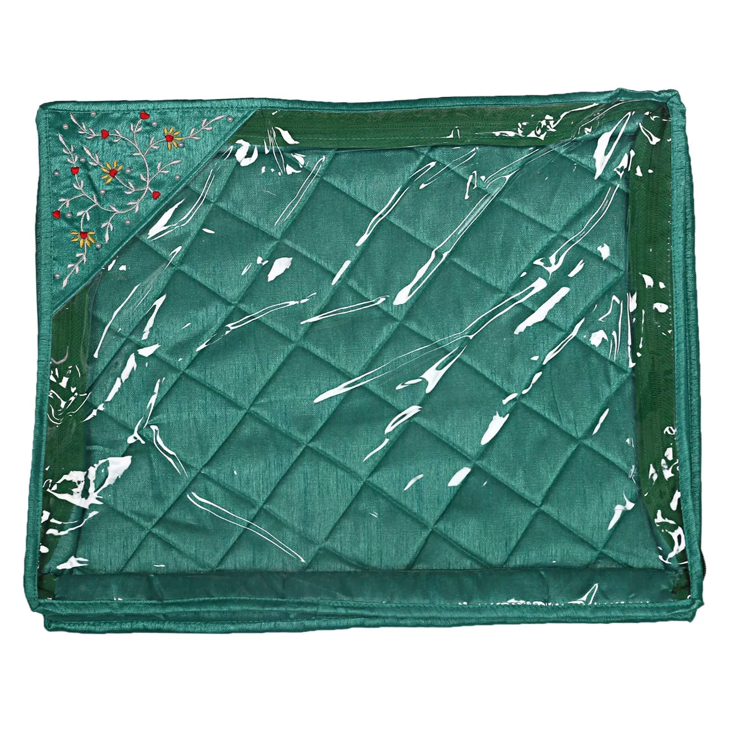 Heart Home Embroidery Design Non Woven 3" inch Saree Cover With Transparent Top- Pack of 2 (Green)
