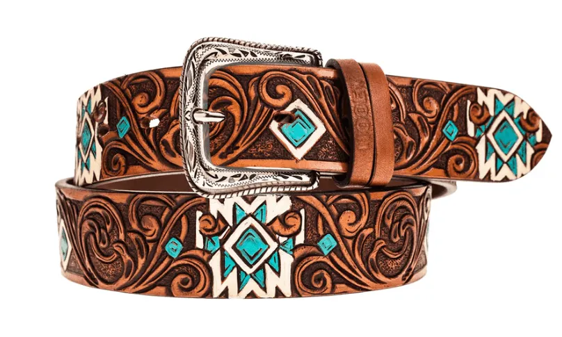 Hooey Dyani Brown Hand Tooled Hand Painted Aztec Accent Leather Belt HWBLT029