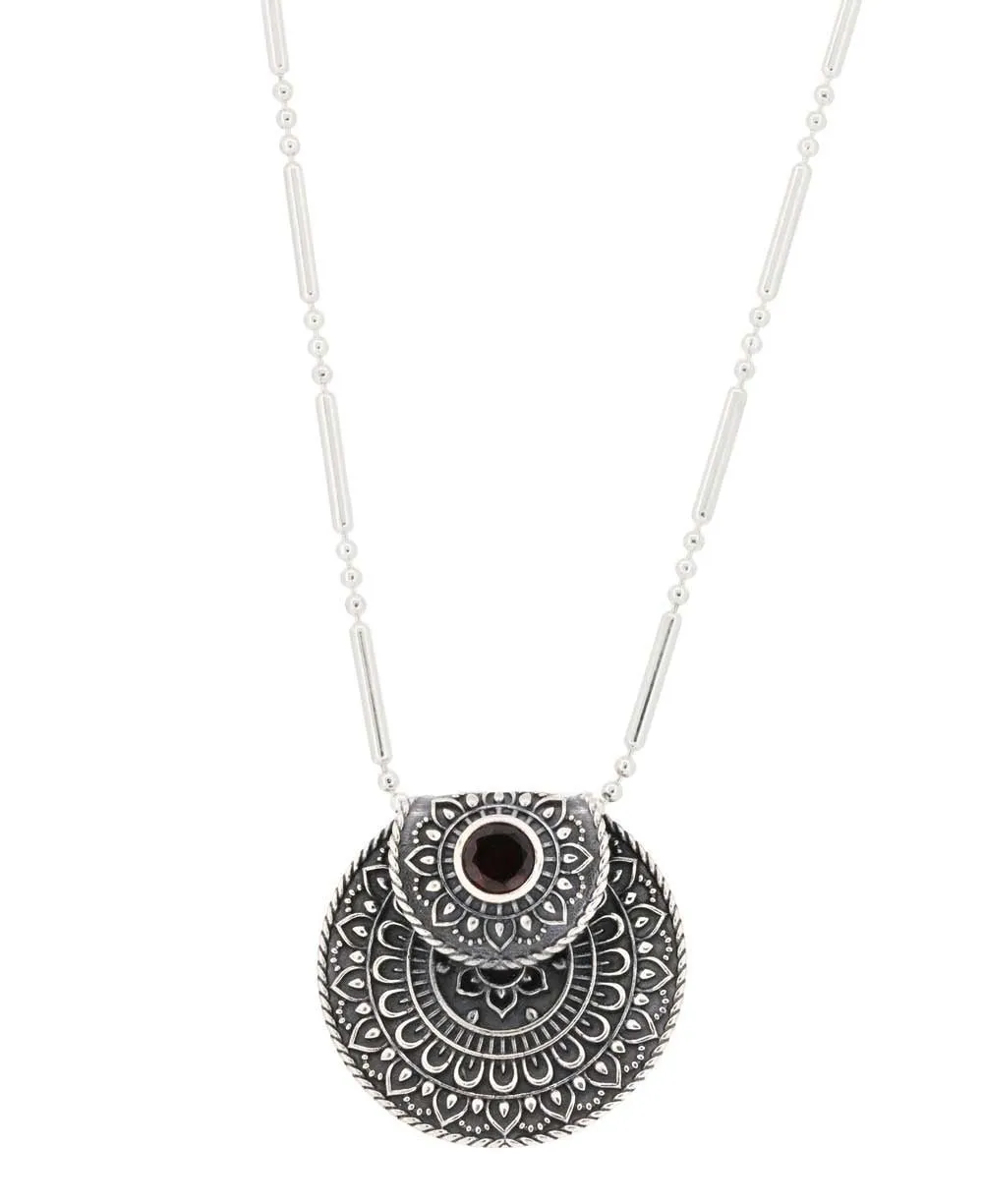 Inspirational Sterling Silver Mandala Necklace with Garnet