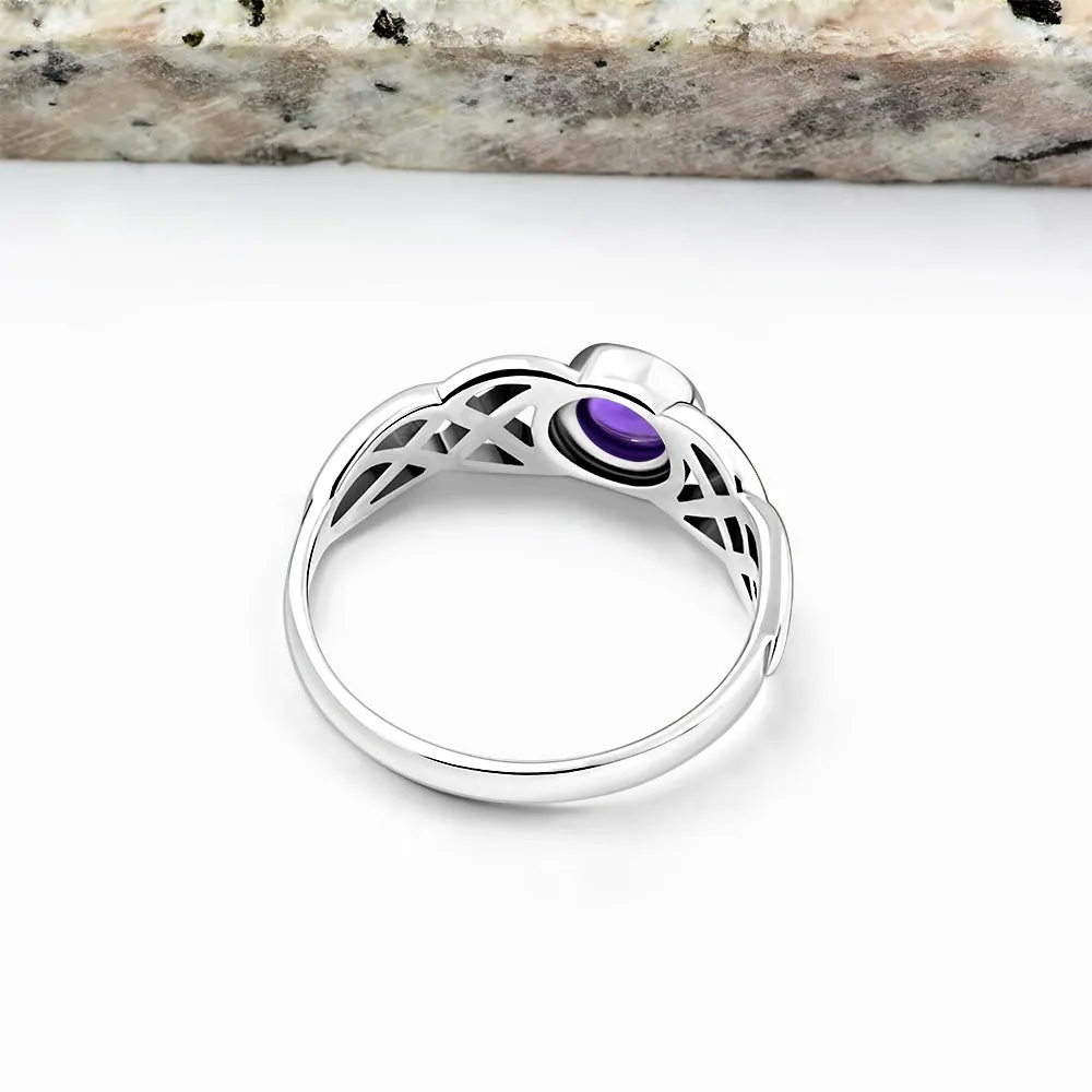 Irish Gaelic Celtic Knot 925 Sterling Silver Ring With Amethyst Stone