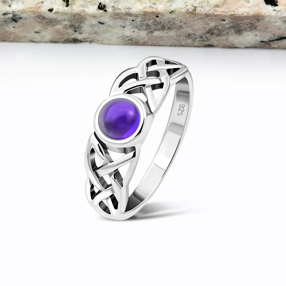 Irish Gaelic Celtic Knot 925 Sterling Silver Ring With Amethyst Stone