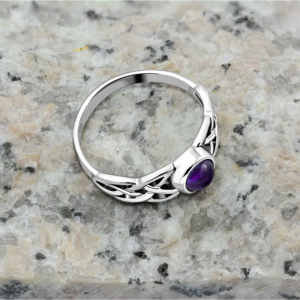 Irish Gaelic Celtic Knot 925 Sterling Silver Ring With Amethyst Stone