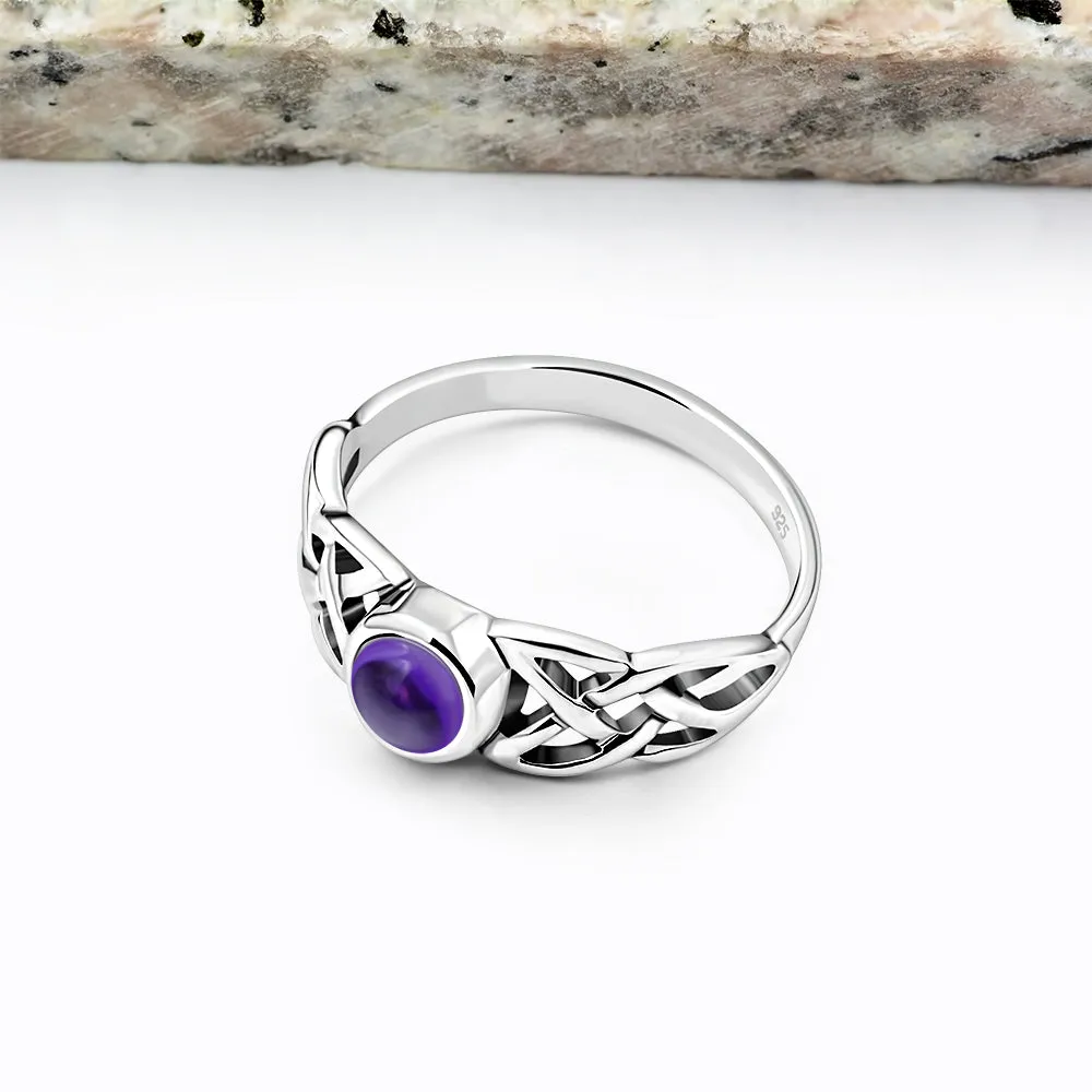 Irish Gaelic Celtic Knot 925 Sterling Silver Ring With Amethyst Stone
