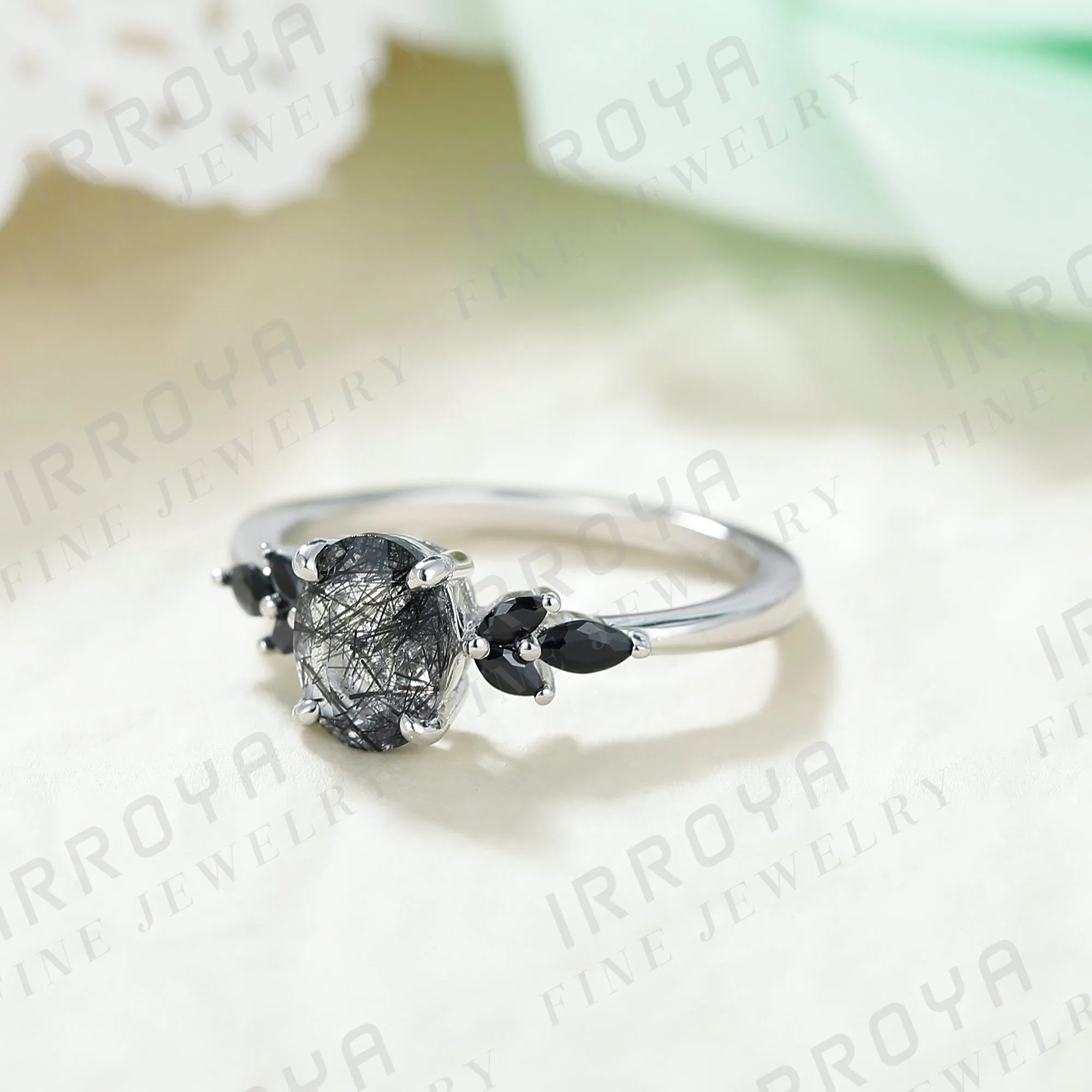 IRROYA Natural Black Rutilated Quartz Engagement Ring 1.5CT Oval 6x8mm Women's Rings Minimalist Rings Wedding Rings Platinum Plated 925 Sterling Silver Women's Promise Ring.
