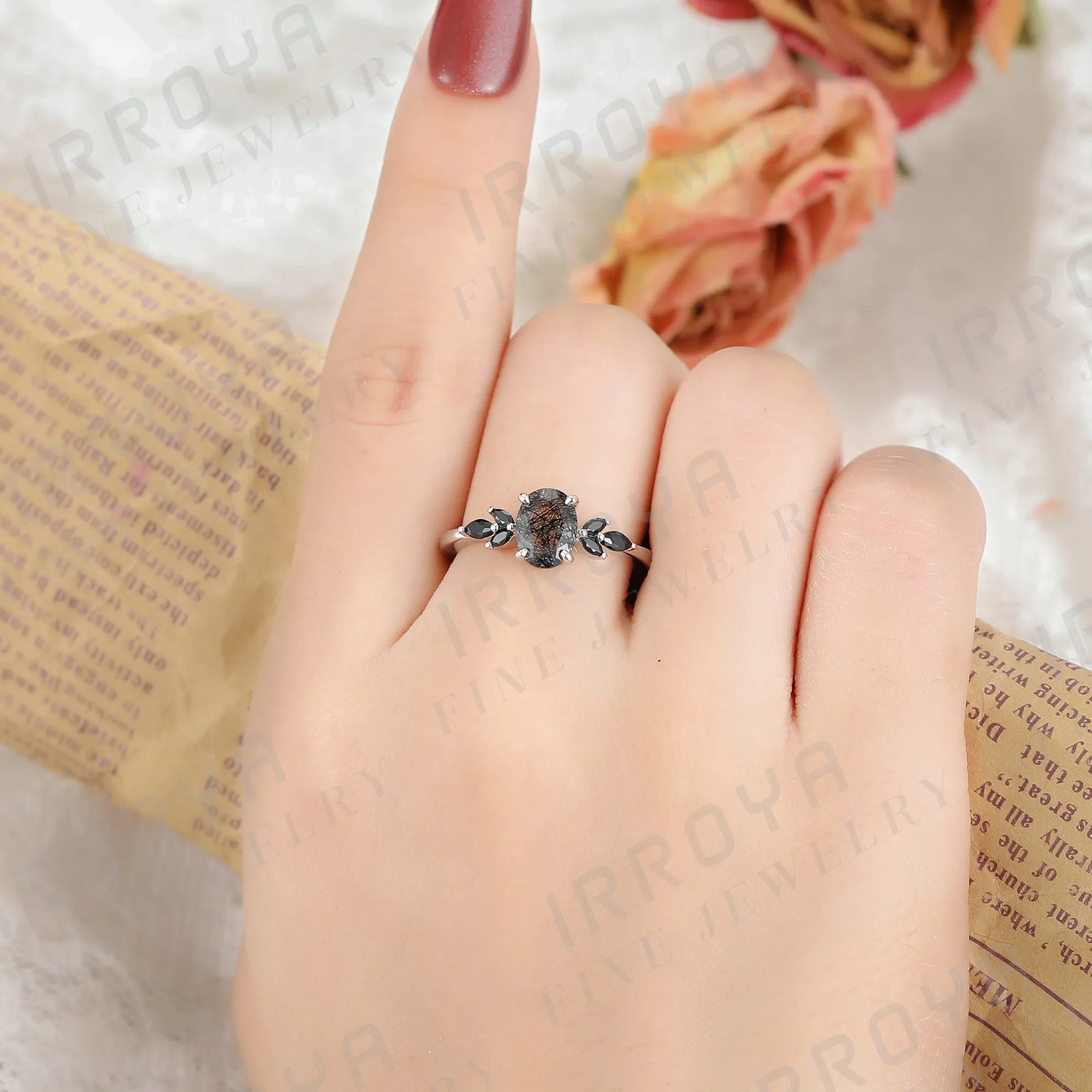 IRROYA Natural Black Rutilated Quartz Engagement Ring 1.5CT Oval 6x8mm Women's Rings Minimalist Rings Wedding Rings Platinum Plated 925 Sterling Silver Women's Promise Ring.