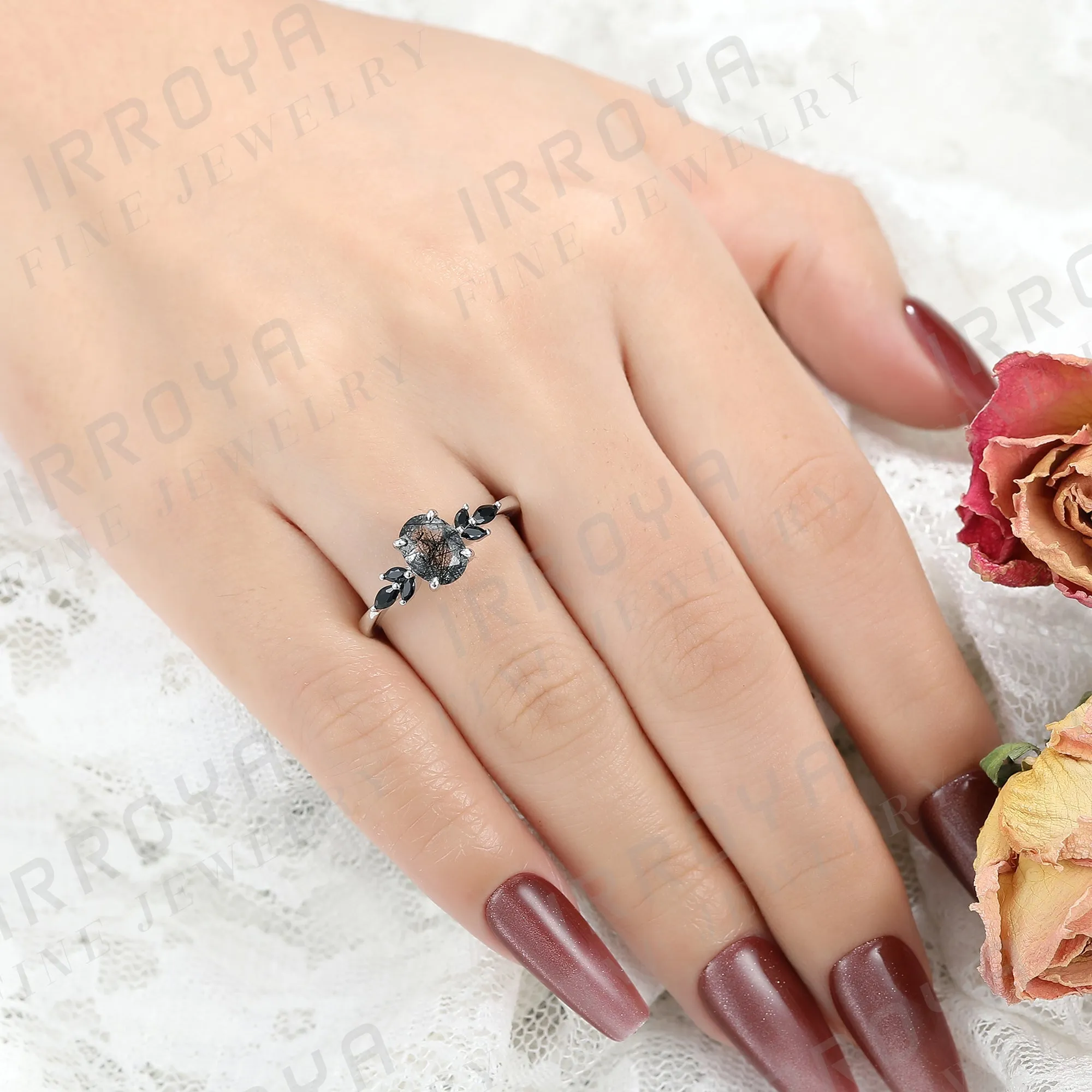IRROYA Natural Black Rutilated Quartz Engagement Ring 1.5CT Oval 6x8mm Women's Rings Minimalist Rings Wedding Rings Platinum Plated 925 Sterling Silver Women's Promise Ring.