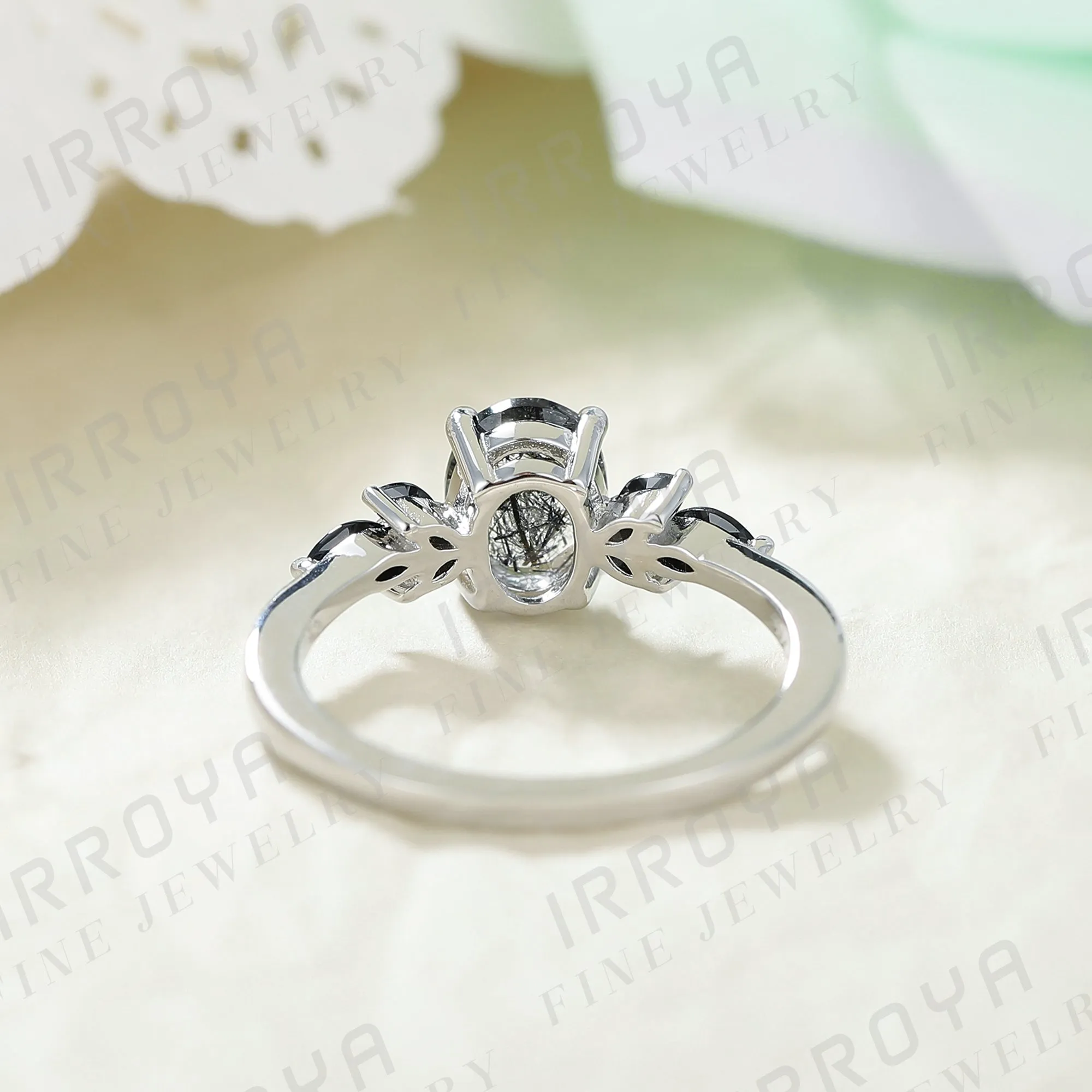 IRROYA Natural Black Rutilated Quartz Engagement Ring 1.5CT Oval 6x8mm Women's Rings Minimalist Rings Wedding Rings Platinum Plated 925 Sterling Silver Women's Promise Ring.