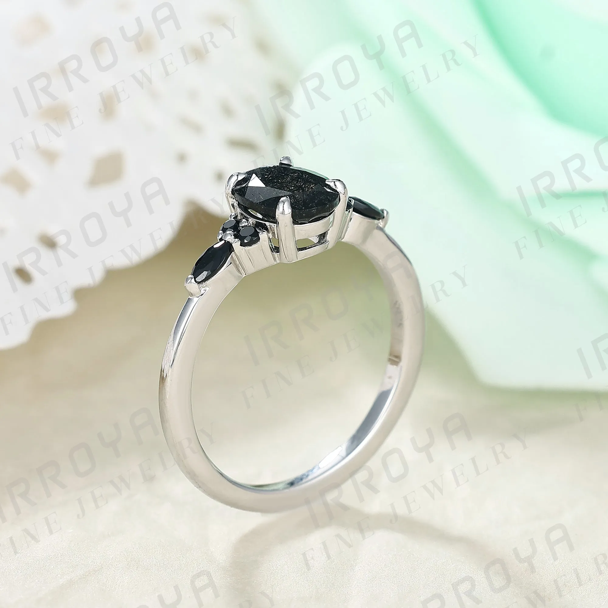 IRROYA Natural Black Rutilated Quartz Engagement Ring 1.5CT Oval Cut 6x8mm Women's Rings Minimalist style Rings Wedding Rings Platinum Plated 925 Sterling Silver Women's Promise Ring.