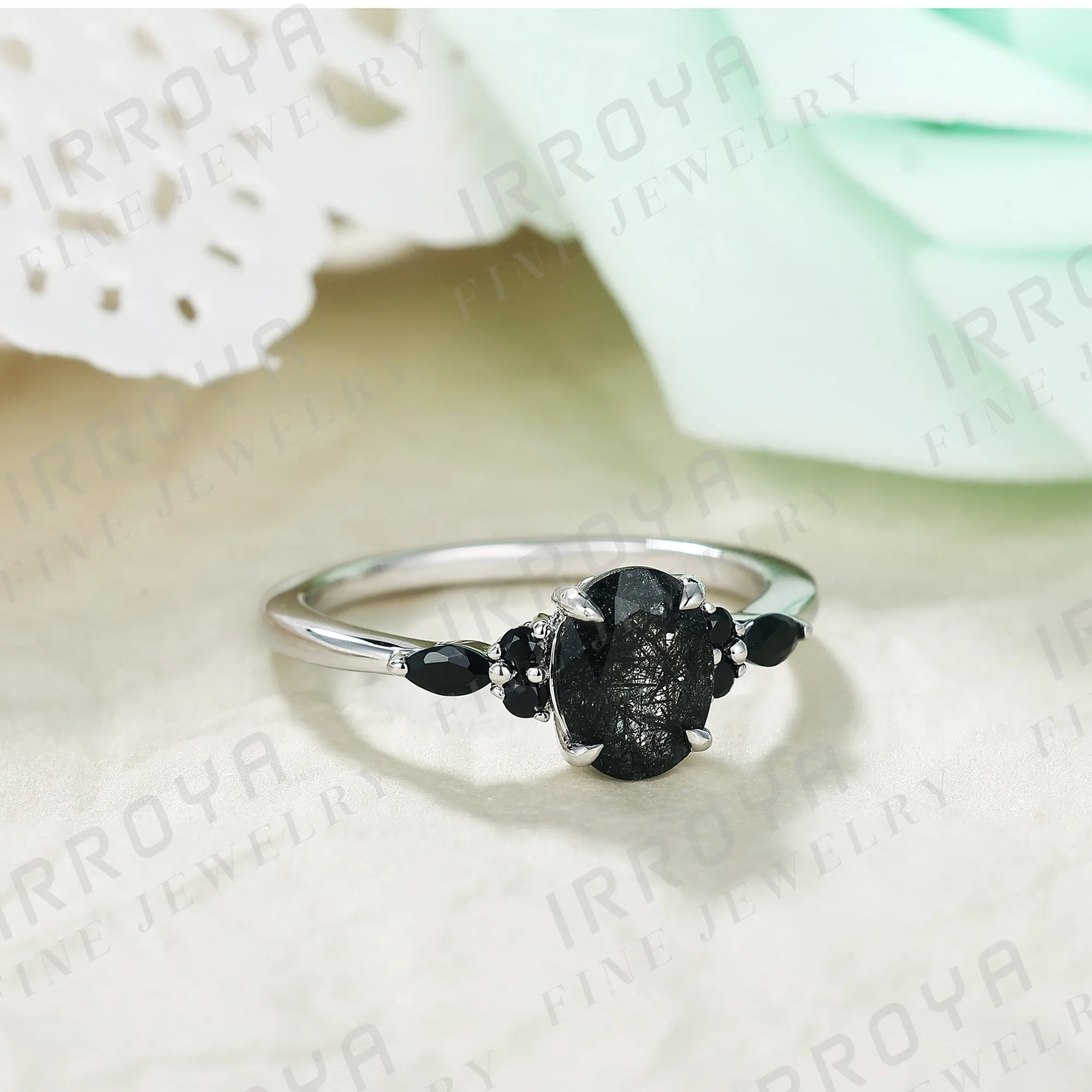 IRROYA Natural Black Rutilated Quartz Engagement Ring 1.5CT Oval Cut 6x8mm Women's Rings Minimalist style Rings Wedding Rings Platinum Plated 925 Sterling Silver Women's Promise Ring.