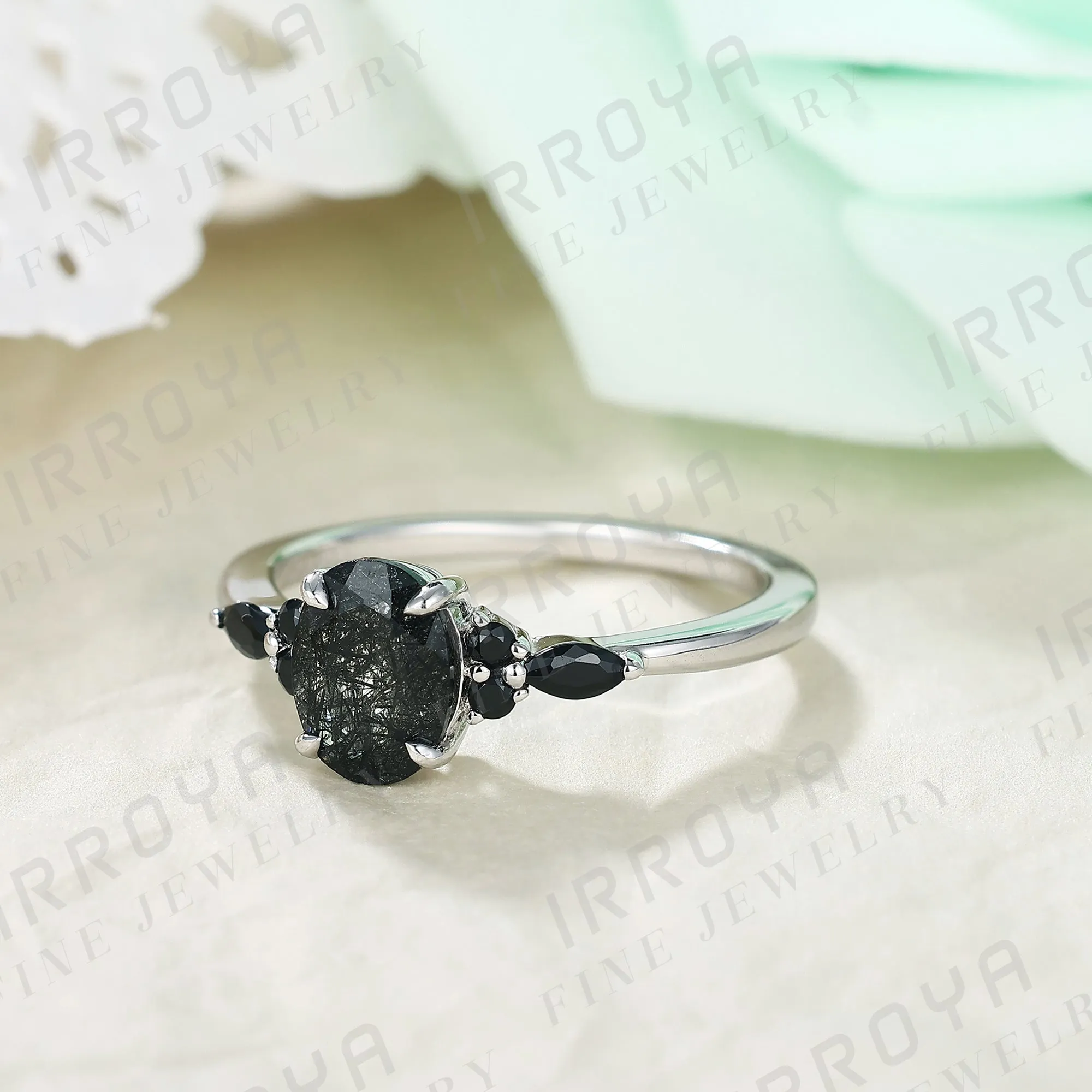 IRROYA Natural Black Rutilated Quartz Engagement Ring 1.5CT Oval Cut 6x8mm Women's Rings Minimalist style Rings Wedding Rings Platinum Plated 925 Sterling Silver Women's Promise Ring.