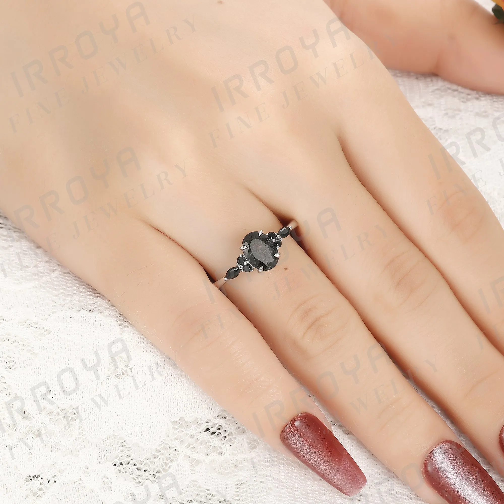 IRROYA Natural Black Rutilated Quartz Engagement Ring 1.5CT Oval Cut 6x8mm Women's Rings Minimalist style Rings Wedding Rings Platinum Plated 925 Sterling Silver Women's Promise Ring.