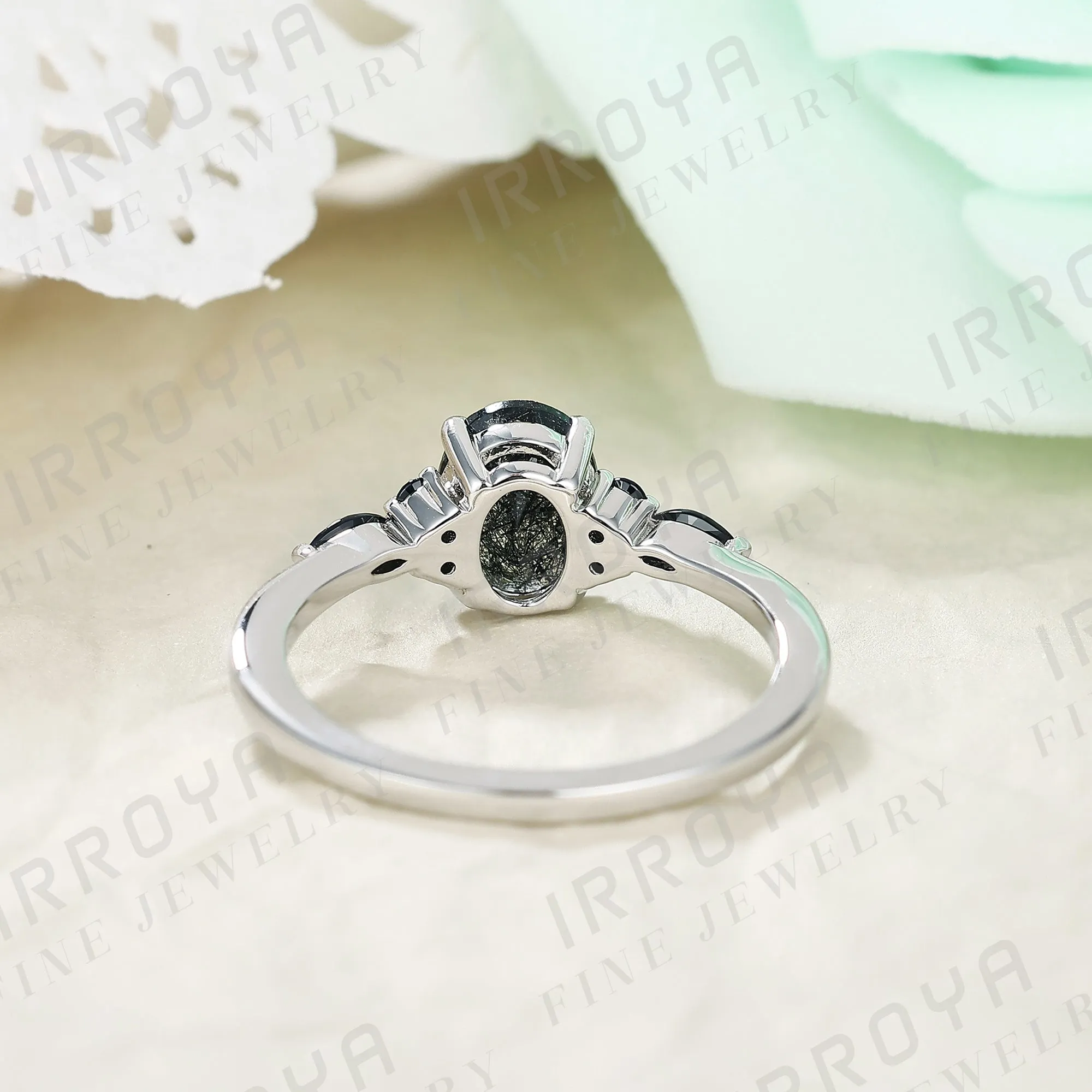 IRROYA Natural Black Rutilated Quartz Engagement Ring 1.5CT Oval Cut 6x8mm Women's Rings Minimalist style Rings Wedding Rings Platinum Plated 925 Sterling Silver Women's Promise Ring.