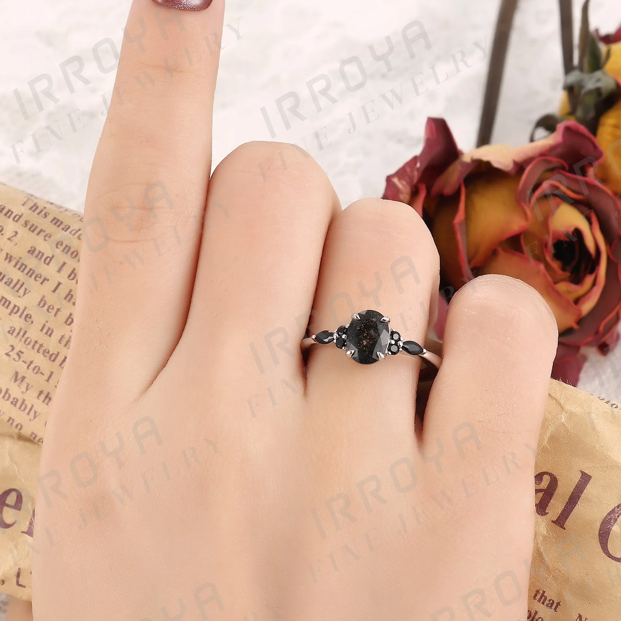 IRROYA Natural Black Rutilated Quartz Engagement Ring 1.5CT Oval Cut 6x8mm Women's Rings Minimalist style Rings Wedding Rings Platinum Plated 925 Sterling Silver Women's Promise Ring.