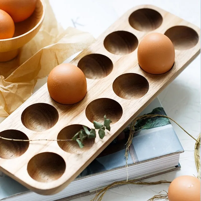 Japanese style Wooden Double Row Egg Storage Box Home Organizer Rack Eggs Refrigerator Holder Kitchen Fresh Keeping Accessories
