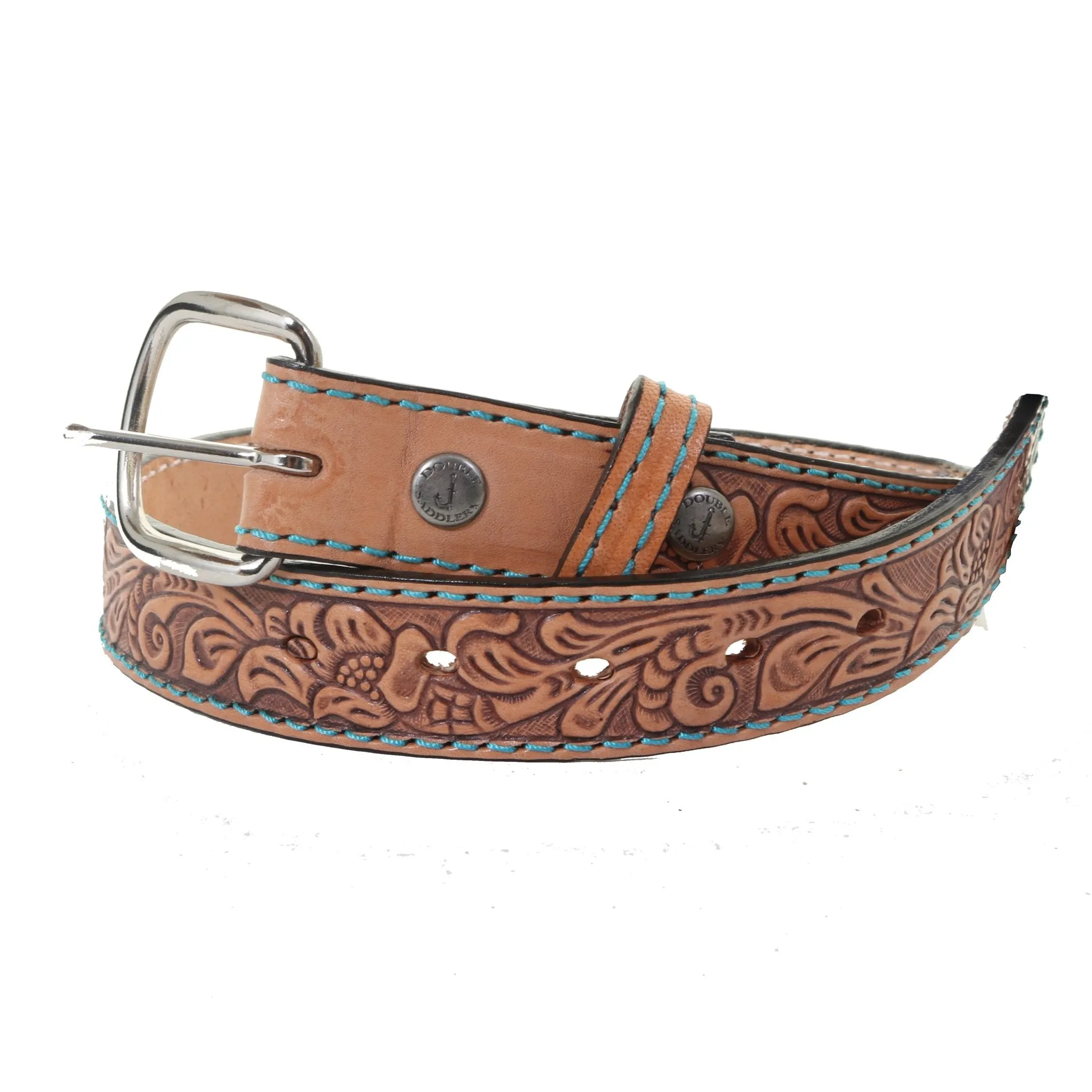 KB24/TURQ - Natural Leather Tooled Kids Belt