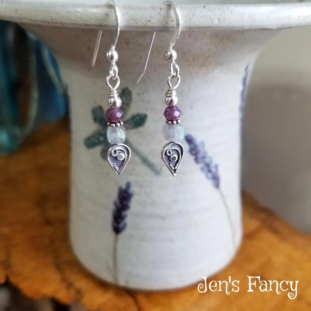 Labradorite & Ruby Gemstone Earrings Bali Sterling Silver
