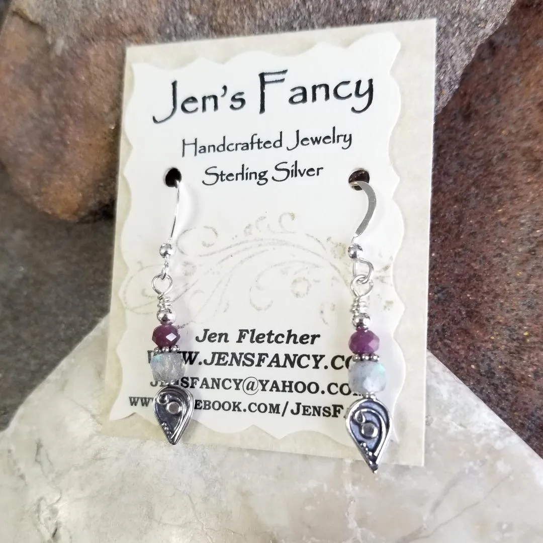 Labradorite & Ruby Gemstone Earrings Bali Sterling Silver