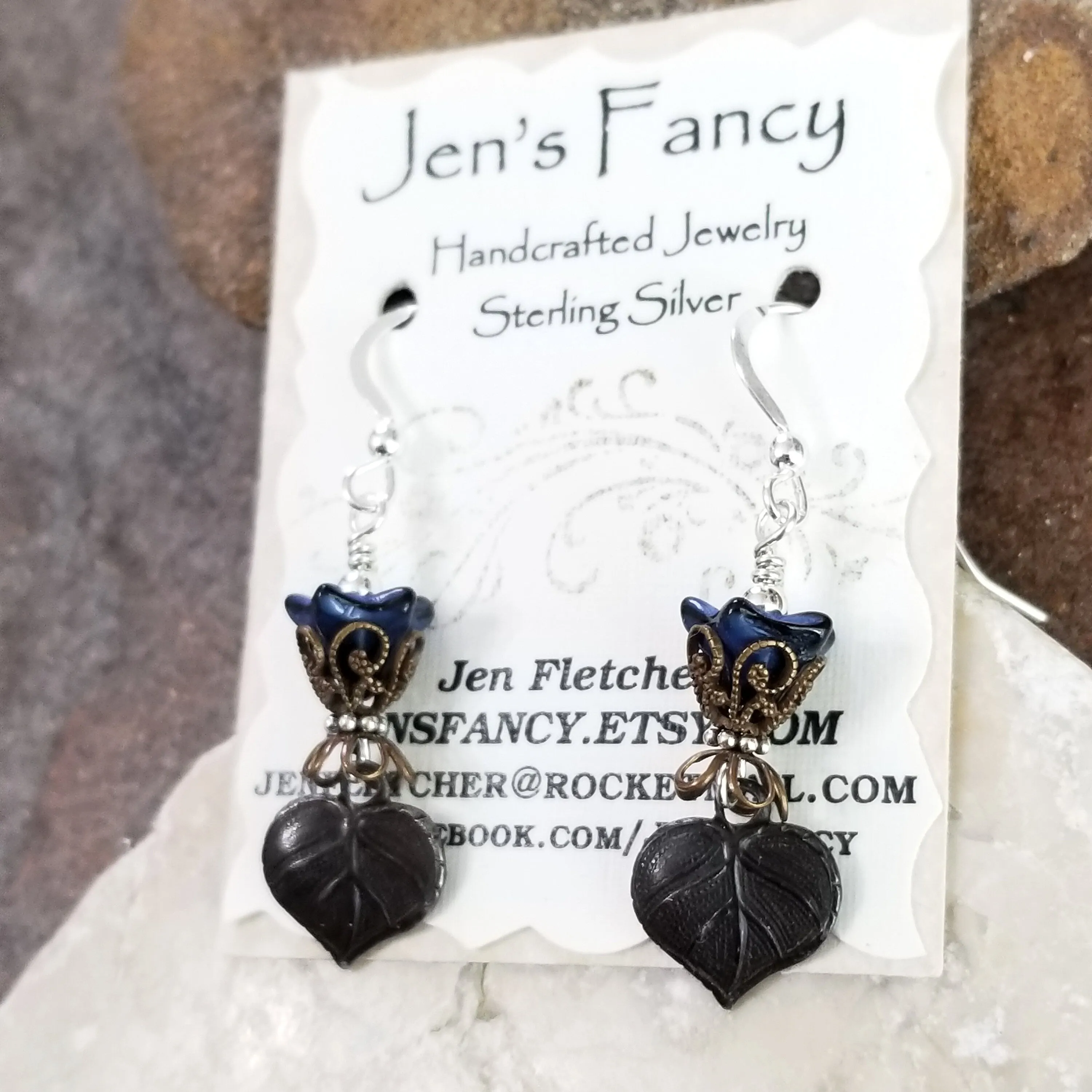 Leaf Earrings Sterling Silver & Brass with Czech Glass Flowers