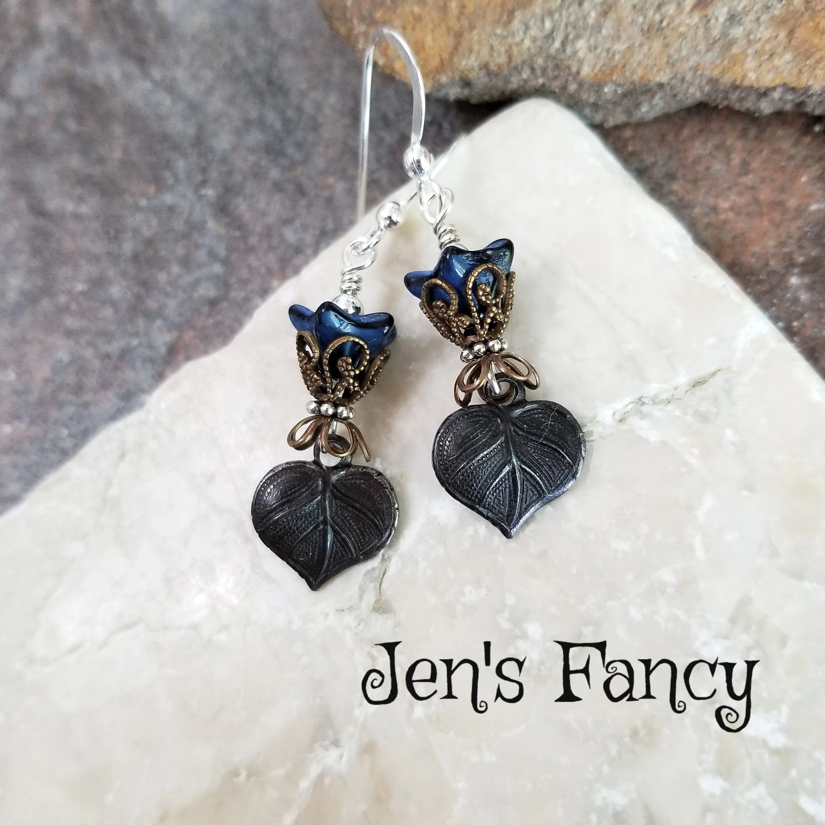 Leaf Earrings Sterling Silver & Brass with Czech Glass Flowers