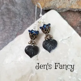 Leaf Earrings Sterling Silver & Brass with Czech Glass Flowers