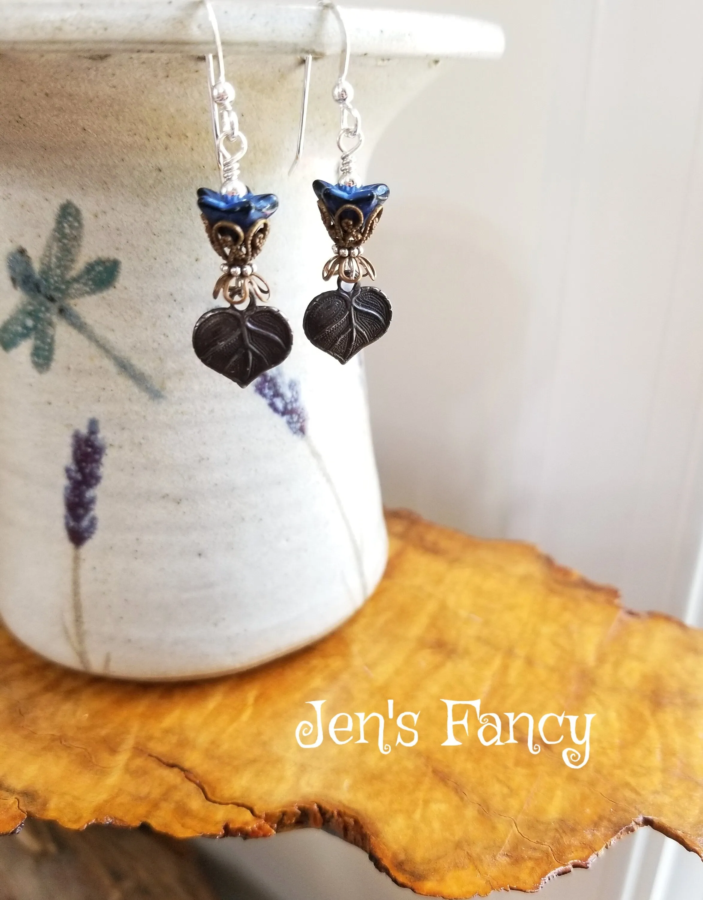 Leaf Earrings Sterling Silver & Brass with Czech Glass Flowers