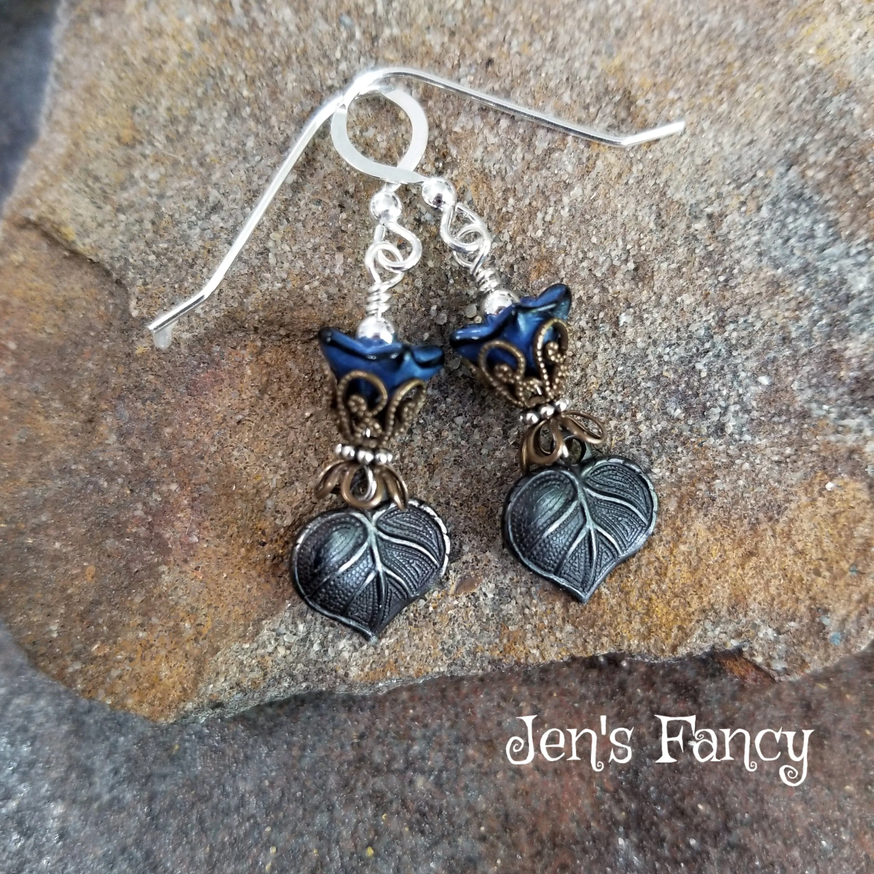 Leaf Earrings Sterling Silver & Brass with Czech Glass Flowers