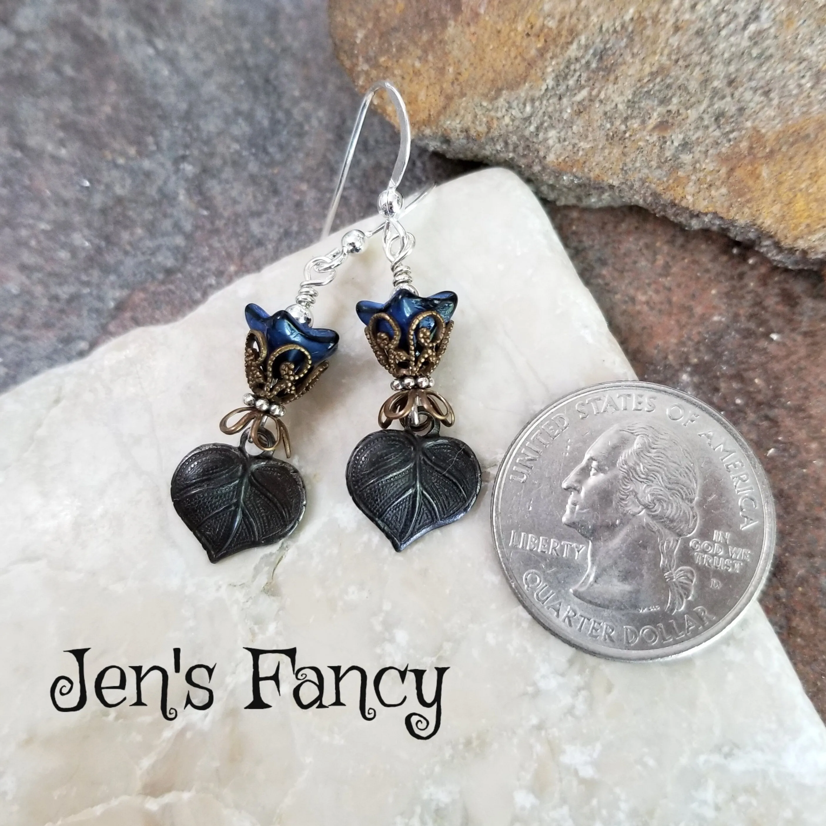 Leaf Earrings Sterling Silver & Brass with Czech Glass Flowers