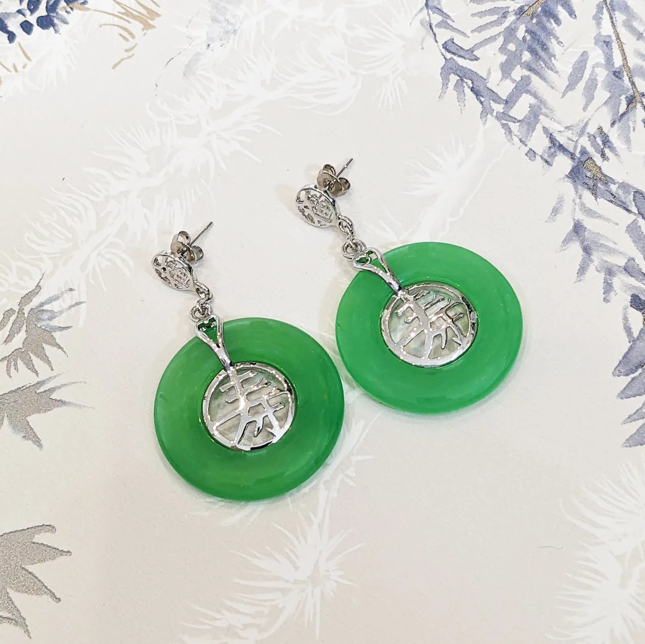 Lucky Grade A Natural Green Jade & 925 Sterling Silver Good Health Earrings