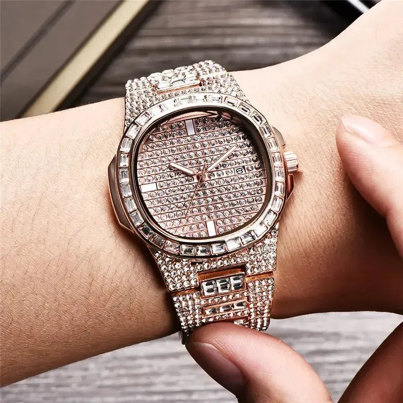Male Big Brand Watches Fashion Alloy Band Hip Hop Diamond Golden