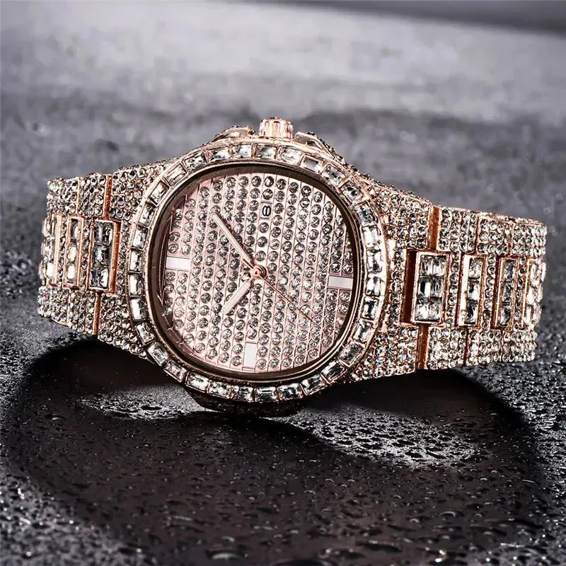 Male Big Brand Watches Fashion Alloy Band Hip Hop Diamond Golden