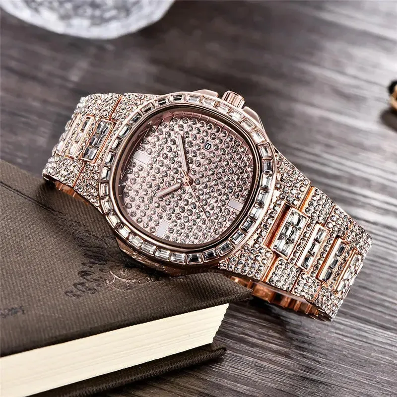 Male Big Brand Watches Fashion Alloy Band Hip Hop Diamond Golden