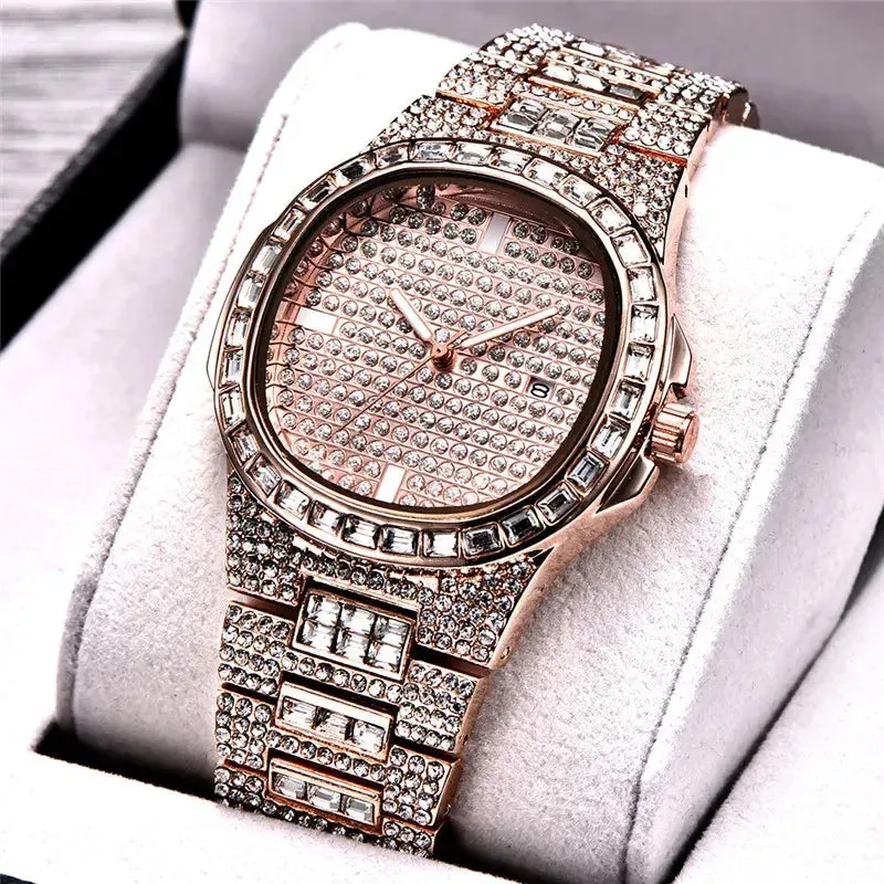Male Big Brand Watches Fashion Alloy Band Hip Hop Diamond Golden