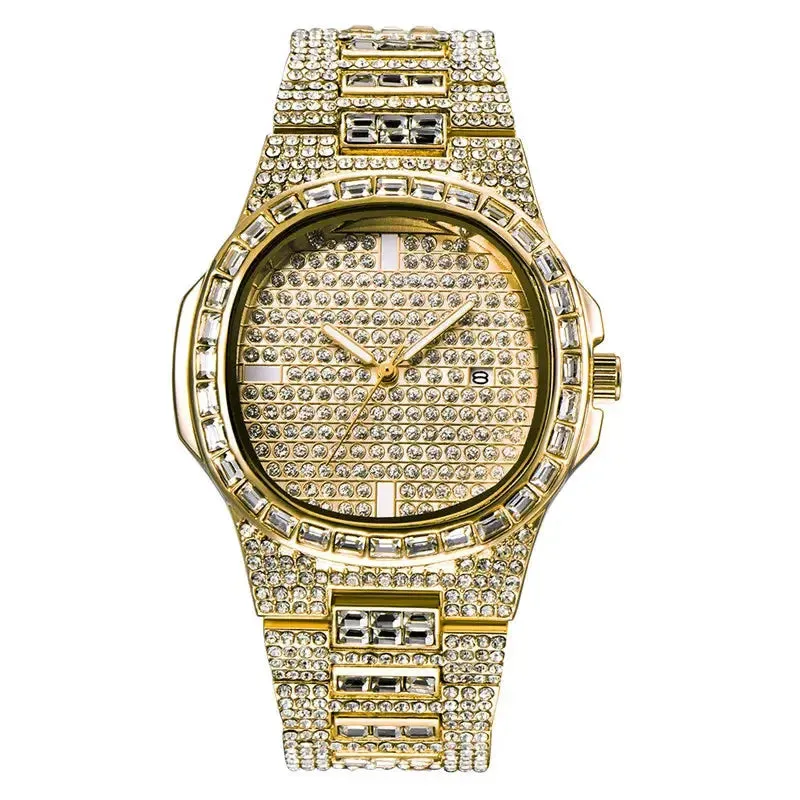 Male Big Brand Watches Fashion Alloy Band Hip Hop Diamond Golden