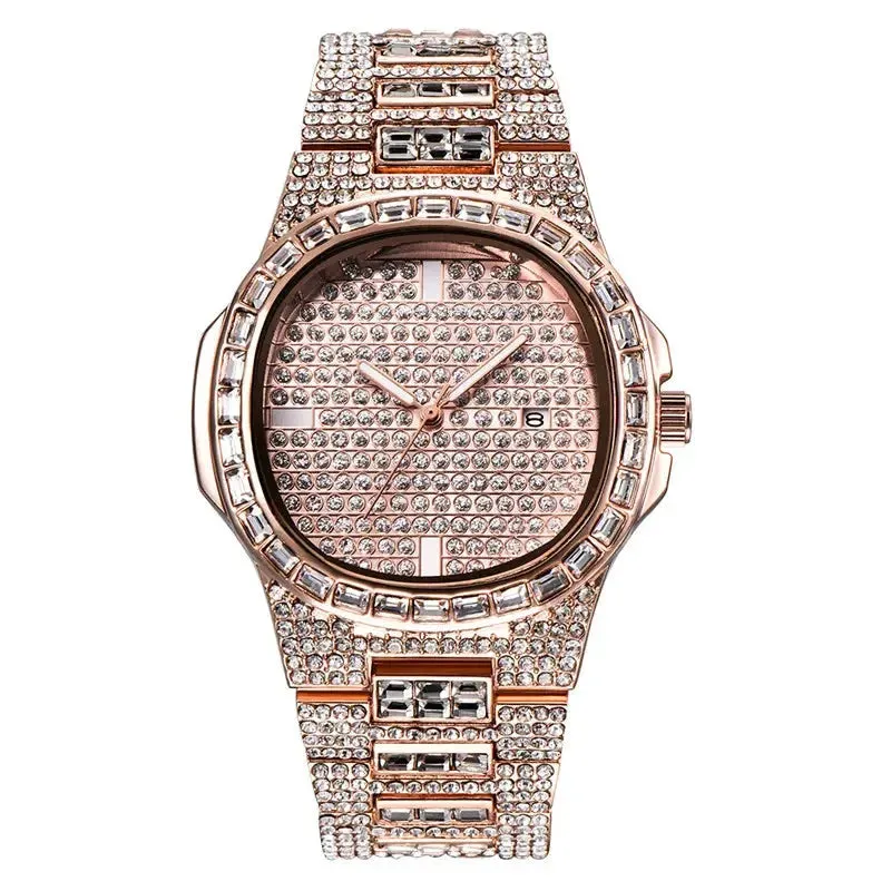 Male Big Brand Watches Fashion Alloy Band Hip Hop Diamond Golden