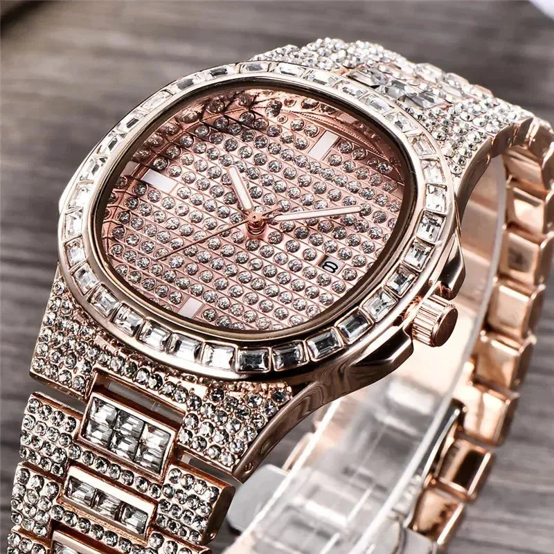 Male Big Brand Watches Fashion Alloy Band Hip Hop Diamond Golden