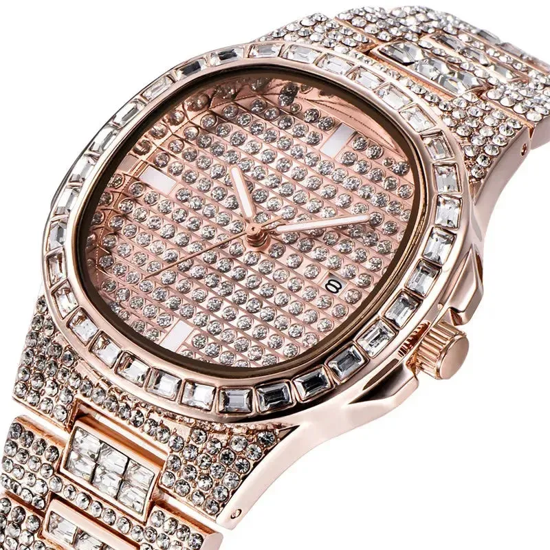 Male Big Brand Watches Fashion Alloy Band Hip Hop Diamond Golden