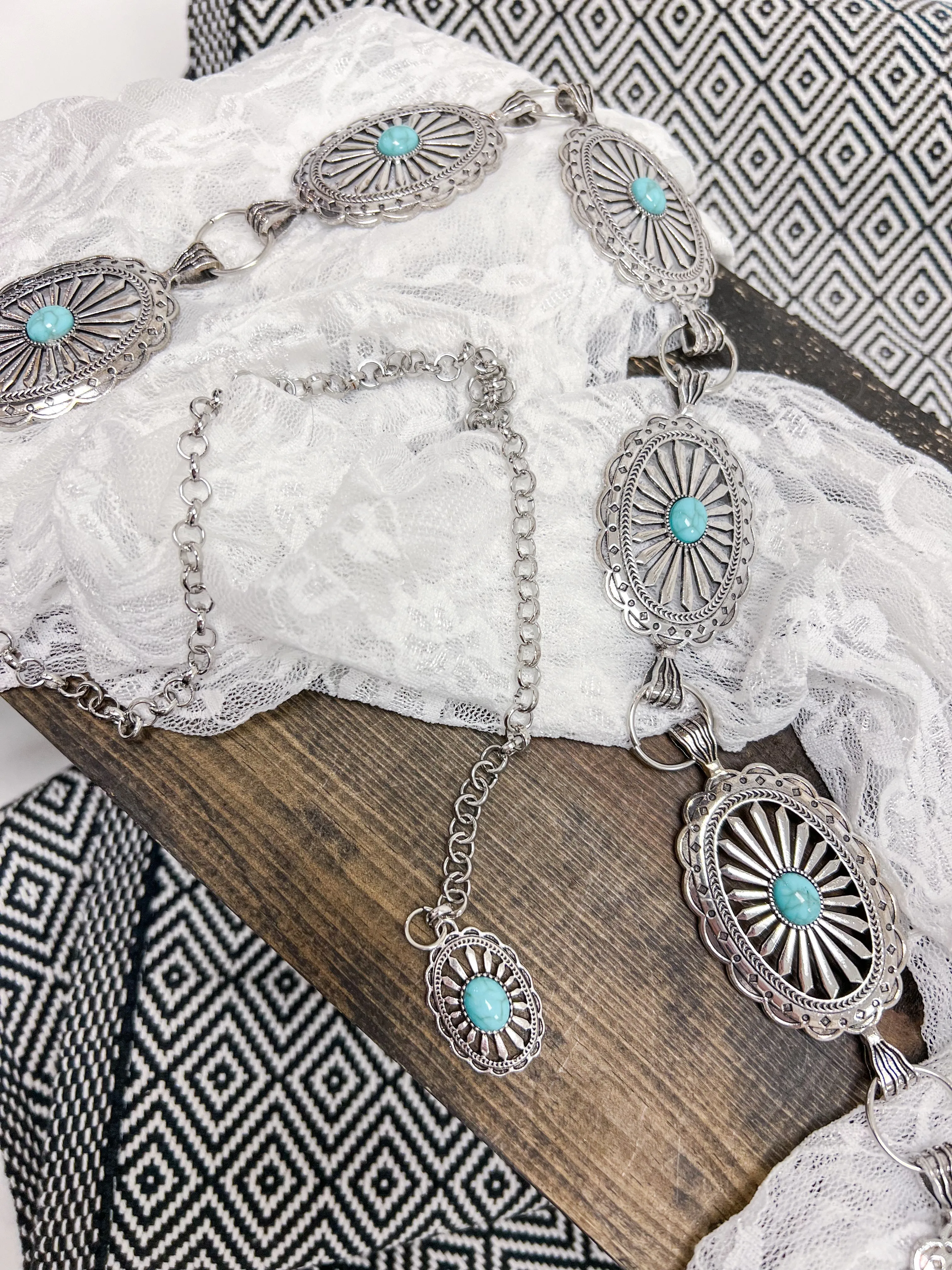 Metal Western Concho Turquoise Chain Belt
