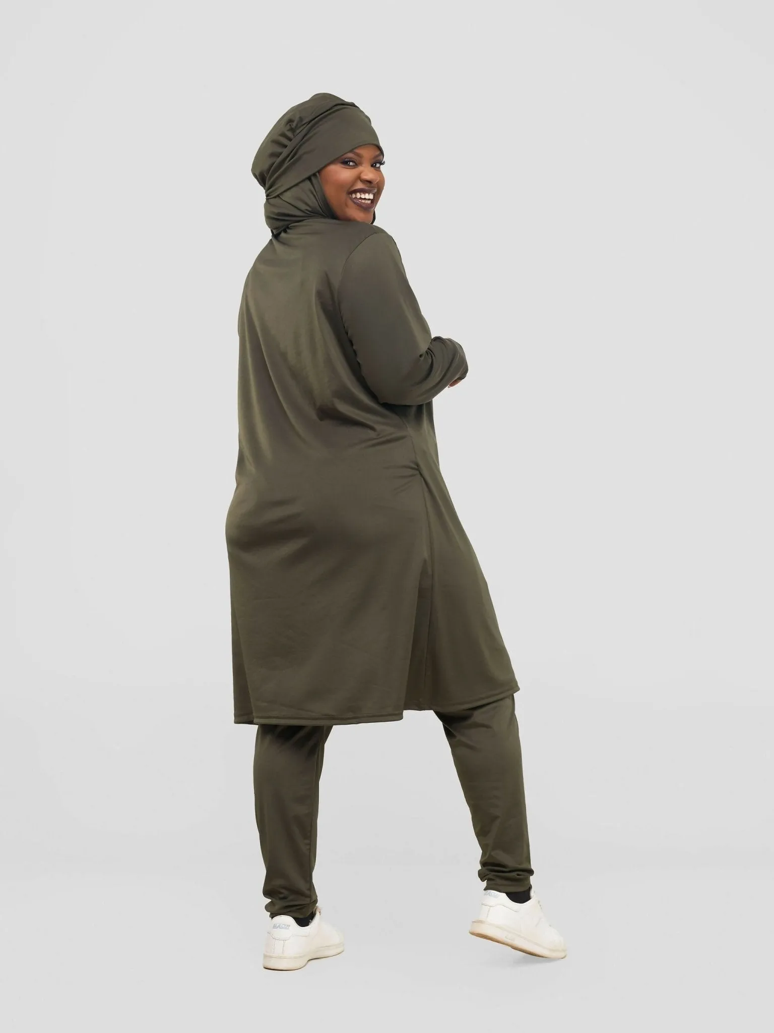 Modest Workout Hooded Tunic Top & Legging Set - Olive Green