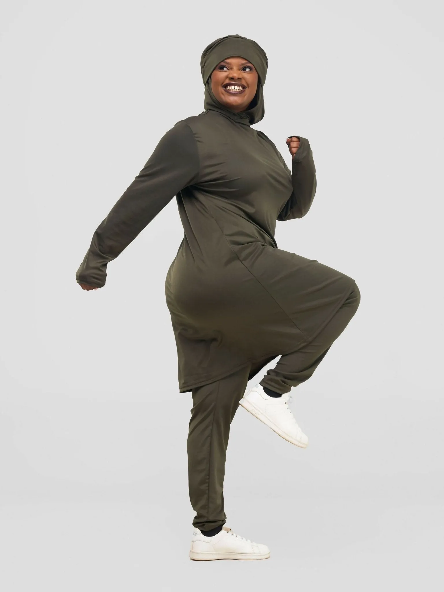 Modest Workout Hooded Tunic Top & Legging Set - Olive Green