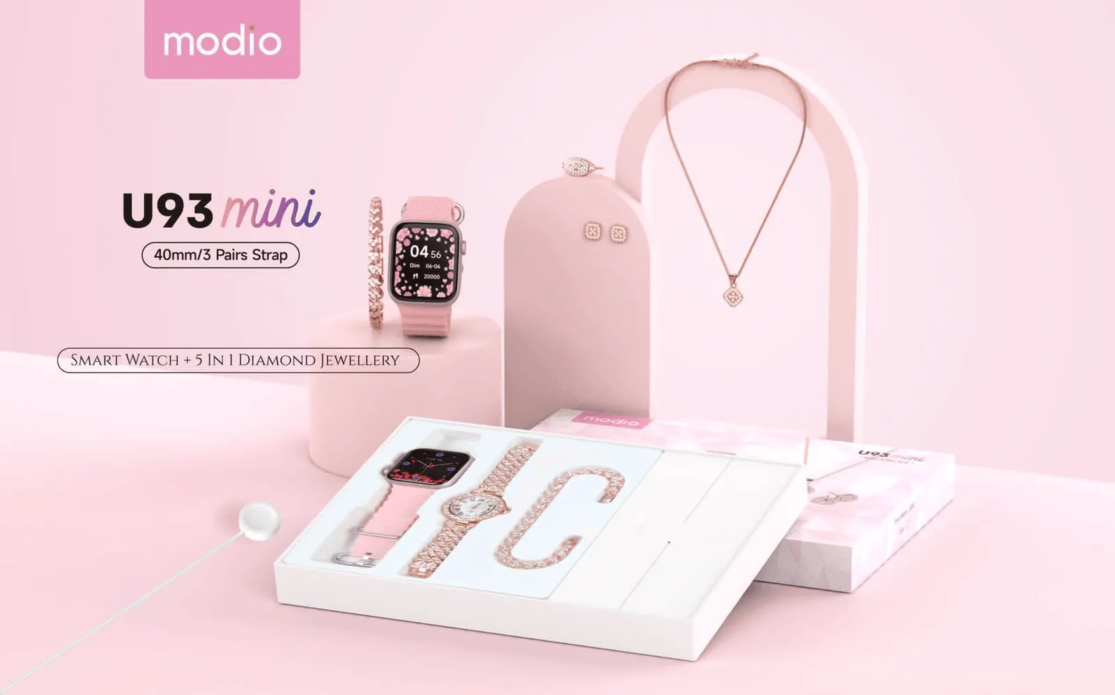 Modio U93 Mini Smart Watch With 5 In 1 Diamond Jewelry