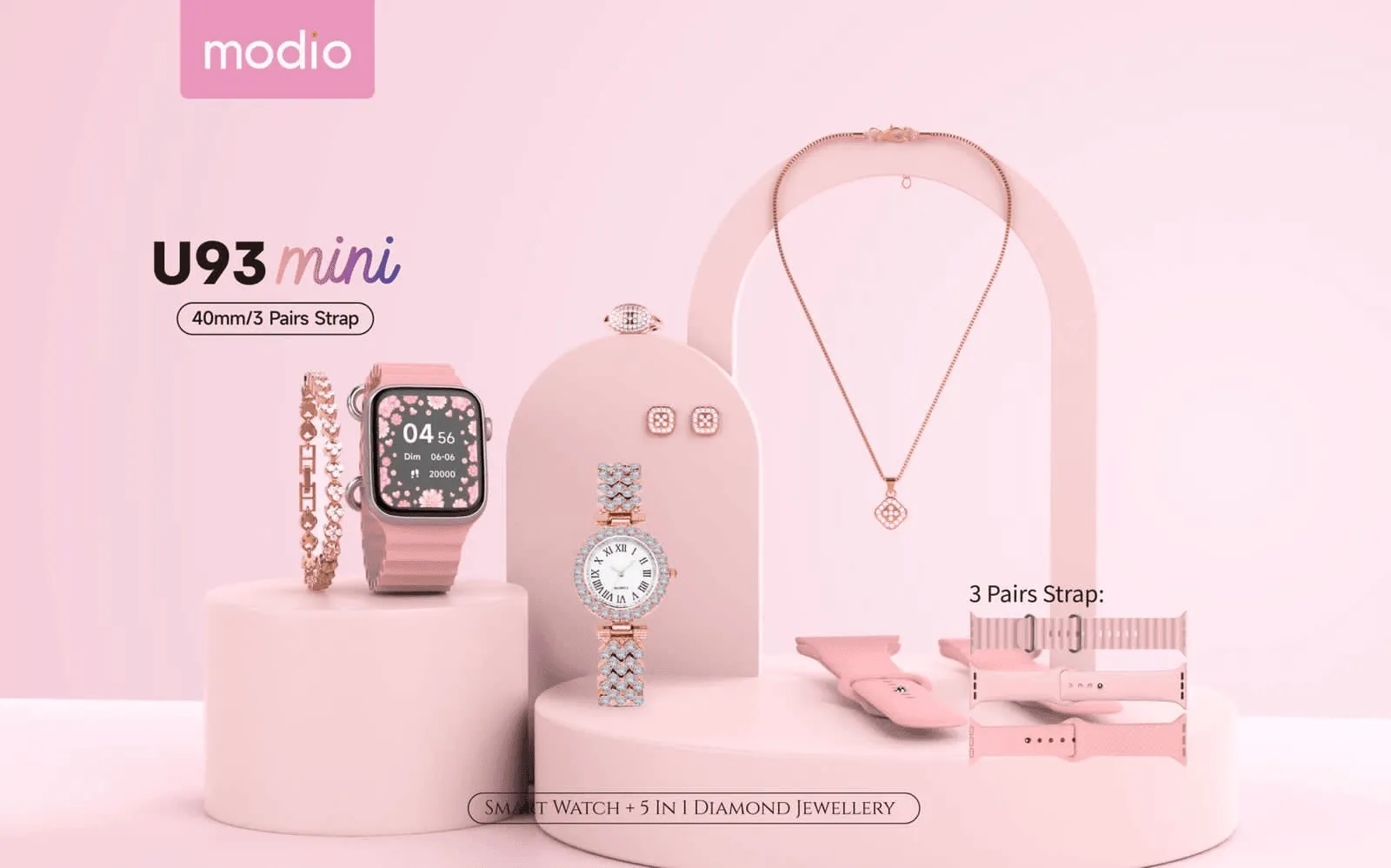 Modio U93 Mini Smart Watch With 5 In 1 Diamond Jewelry