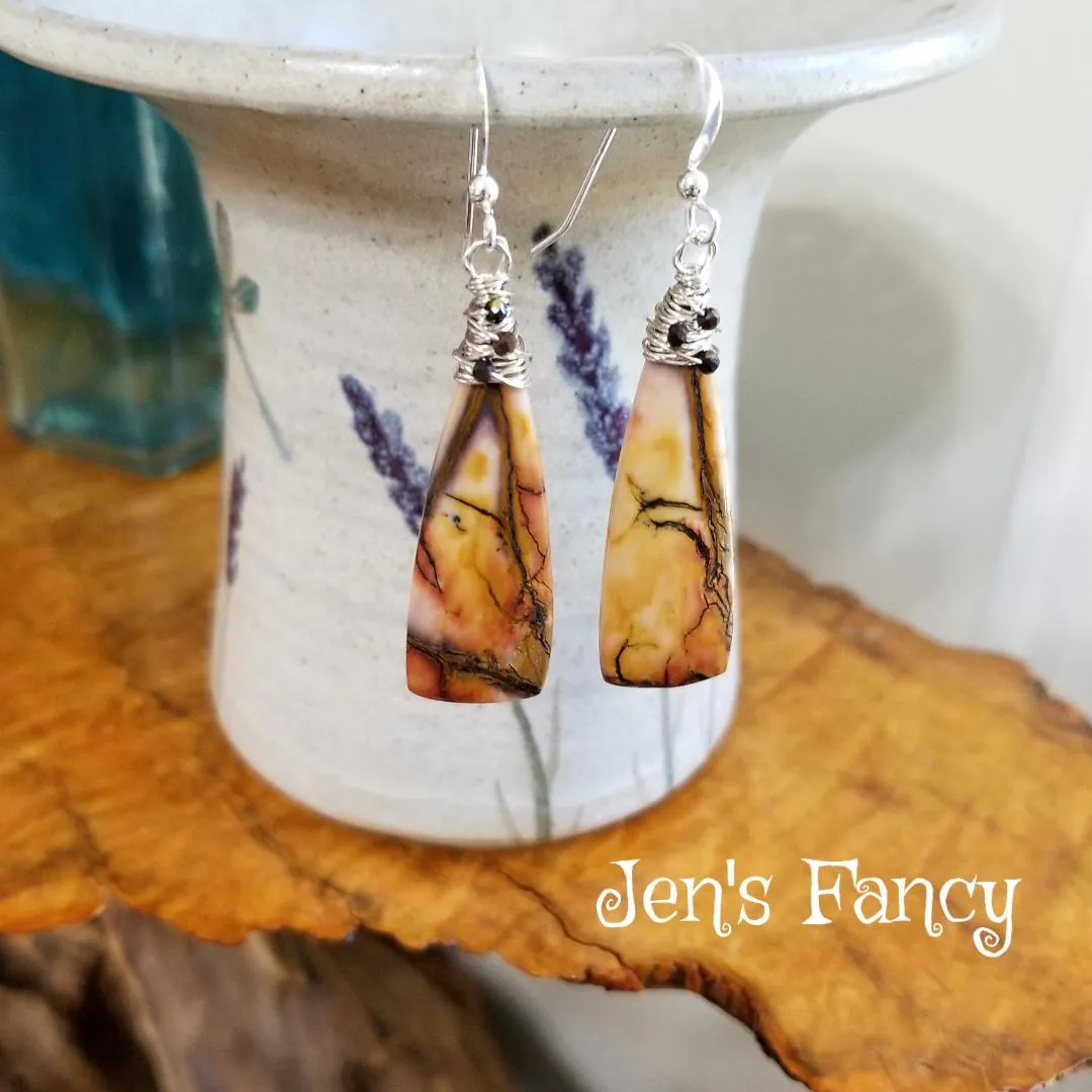 Mookaite Jasper Earrings Sterling Silver Wire Wrapped