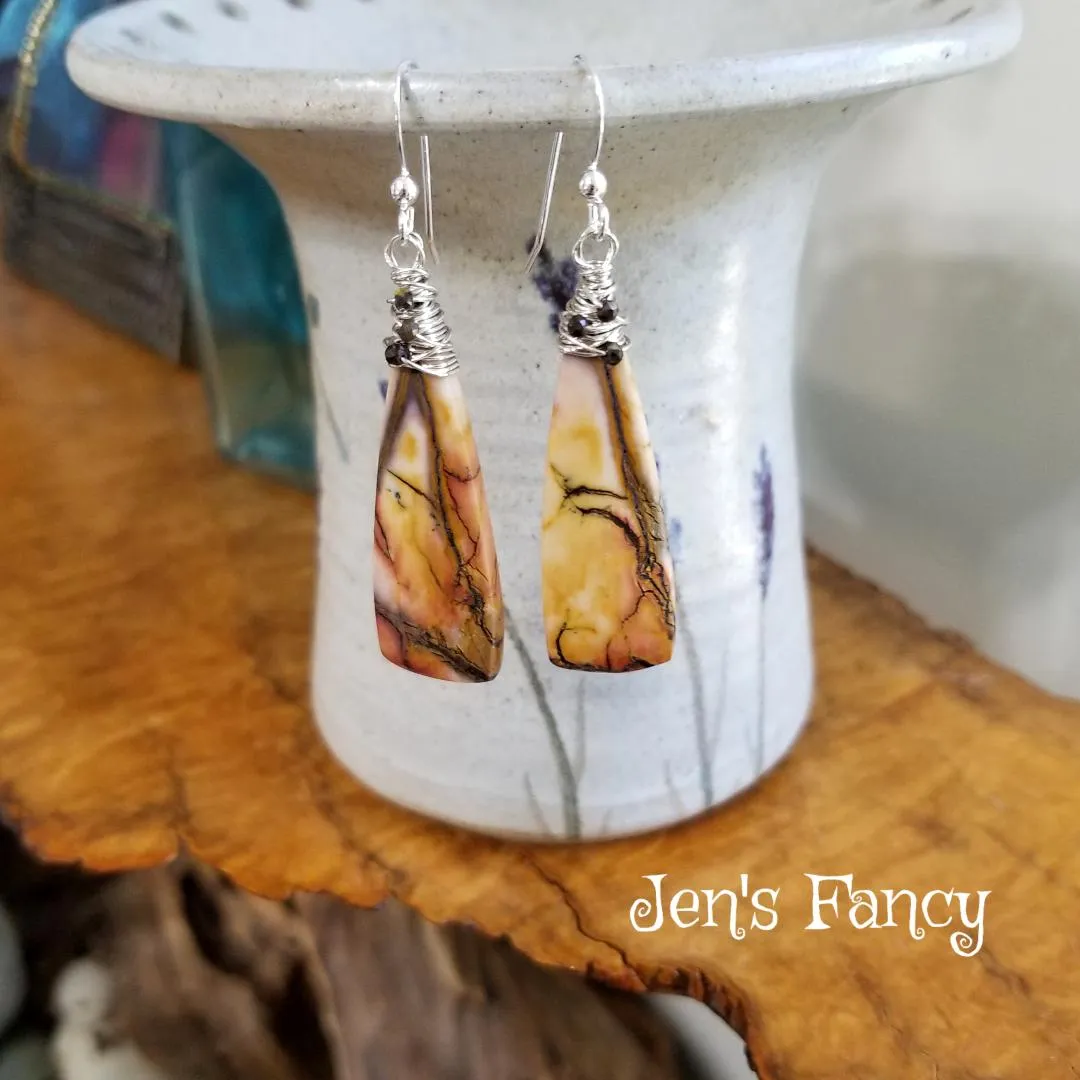 Mookaite Jasper Earrings Sterling Silver Wire Wrapped