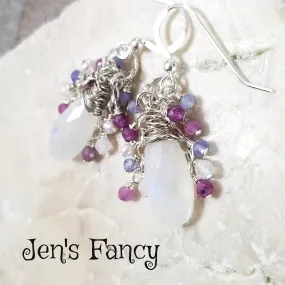 Moonstone Gemstone Cluster Earrings Sterling Silver Wire Wrapped