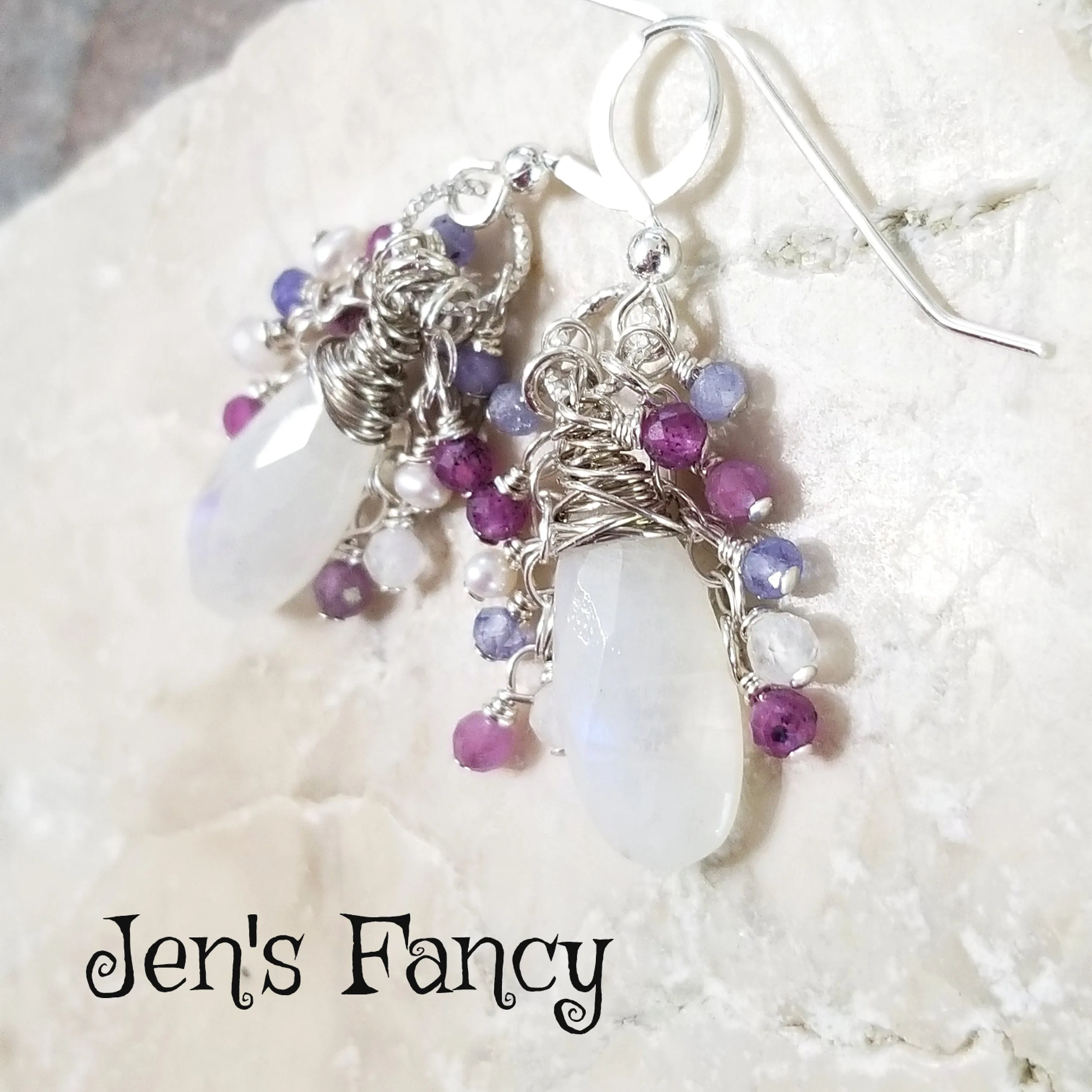 Moonstone Gemstone Cluster Earrings Sterling Silver Wire Wrapped