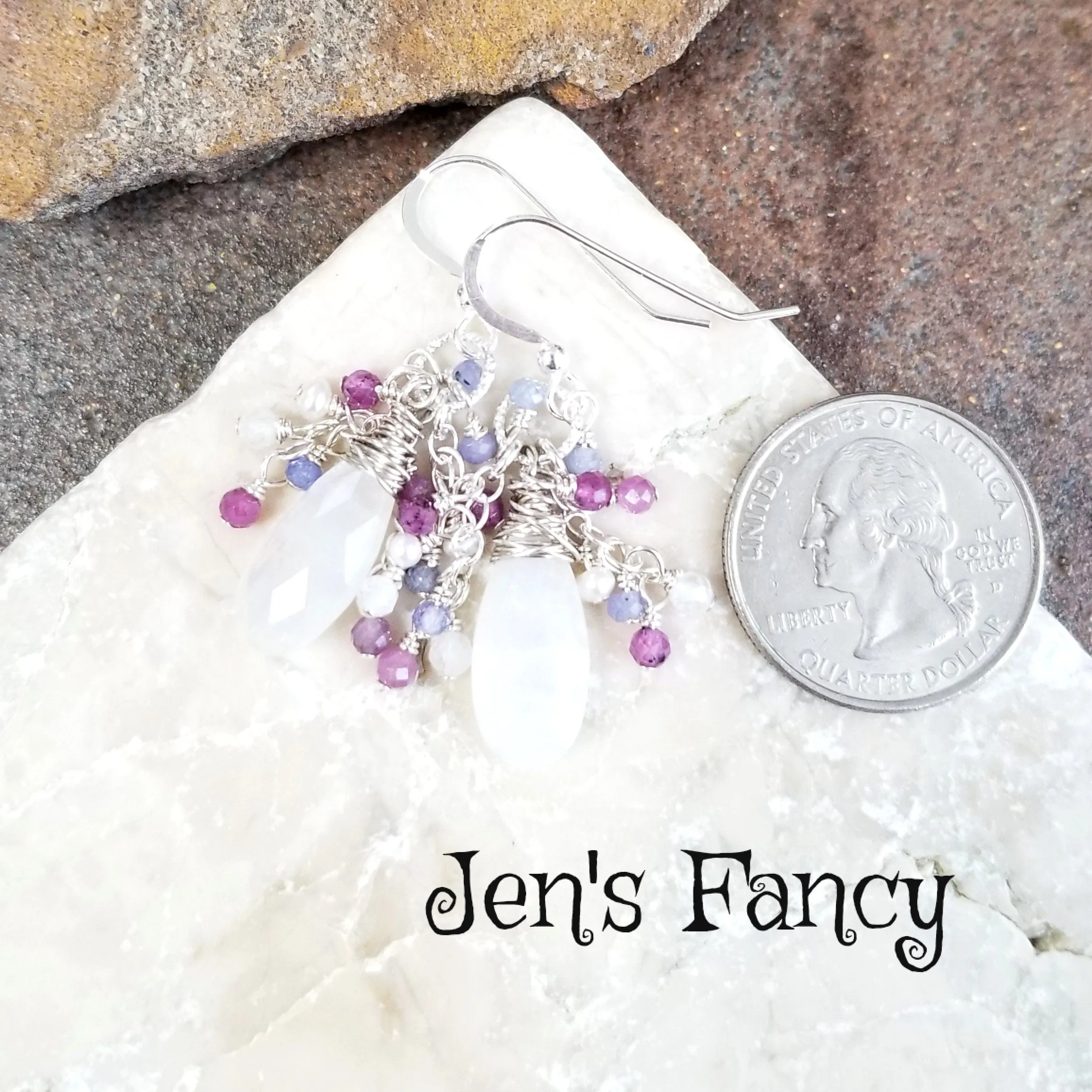 Moonstone Gemstone Cluster Earrings Sterling Silver Wire Wrapped