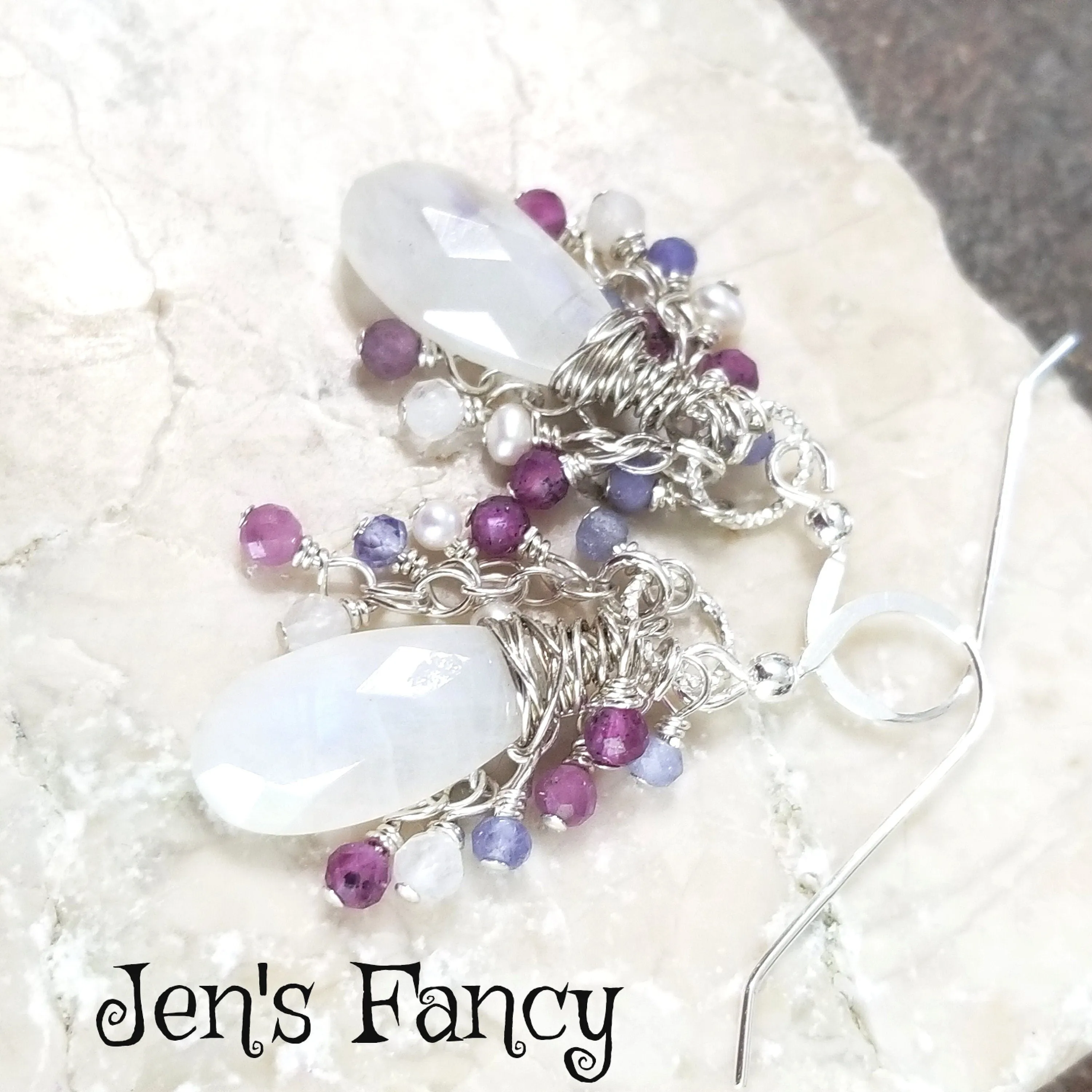 Moonstone Gemstone Cluster Earrings Sterling Silver Wire Wrapped