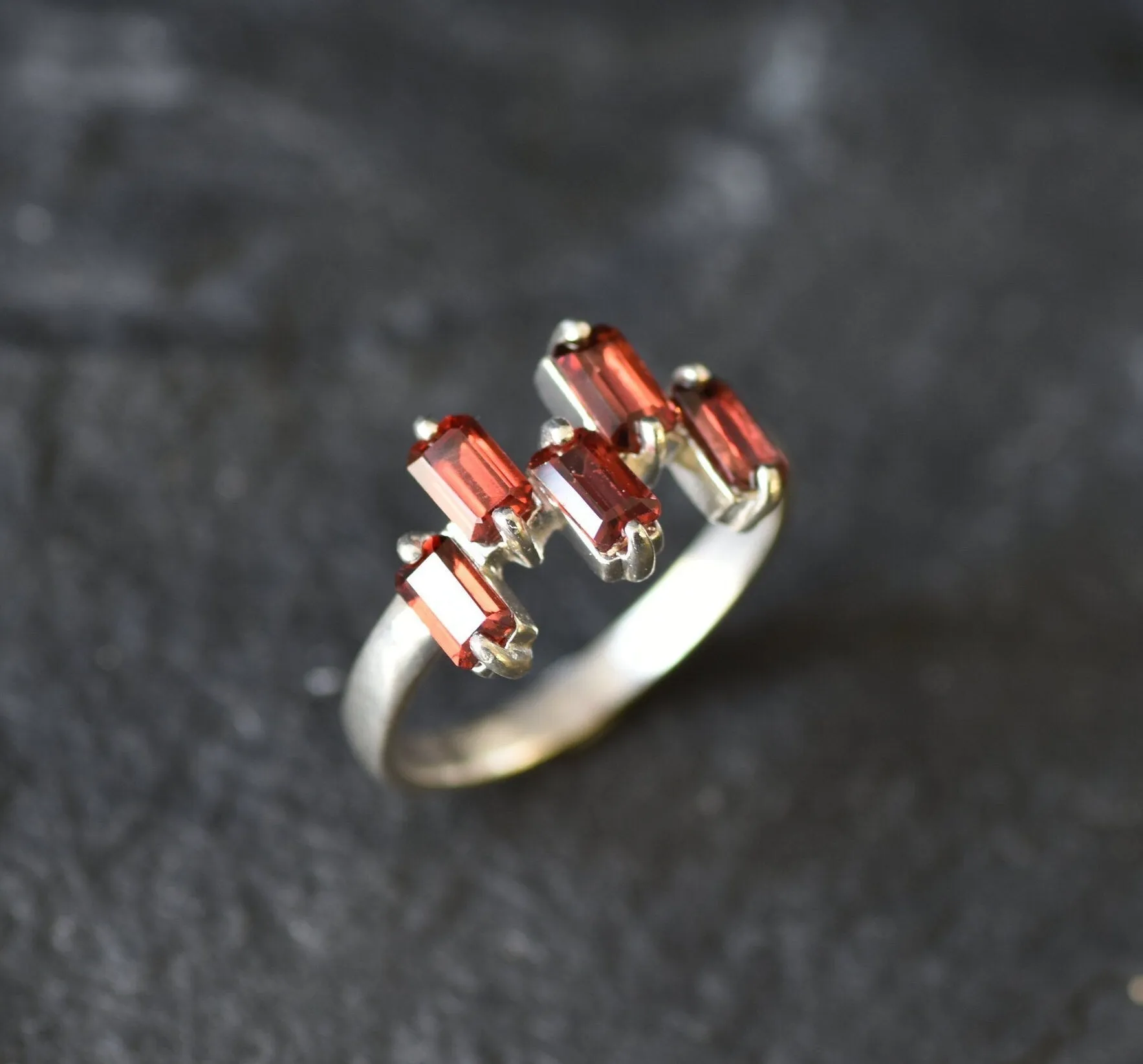 Natural Garnet Ring - Staggered Baguette Band - Red Square Ring