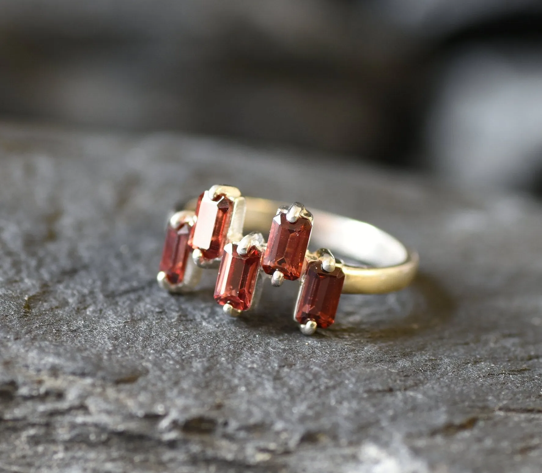 Natural Garnet Ring - Staggered Baguette Band - Red Square Ring