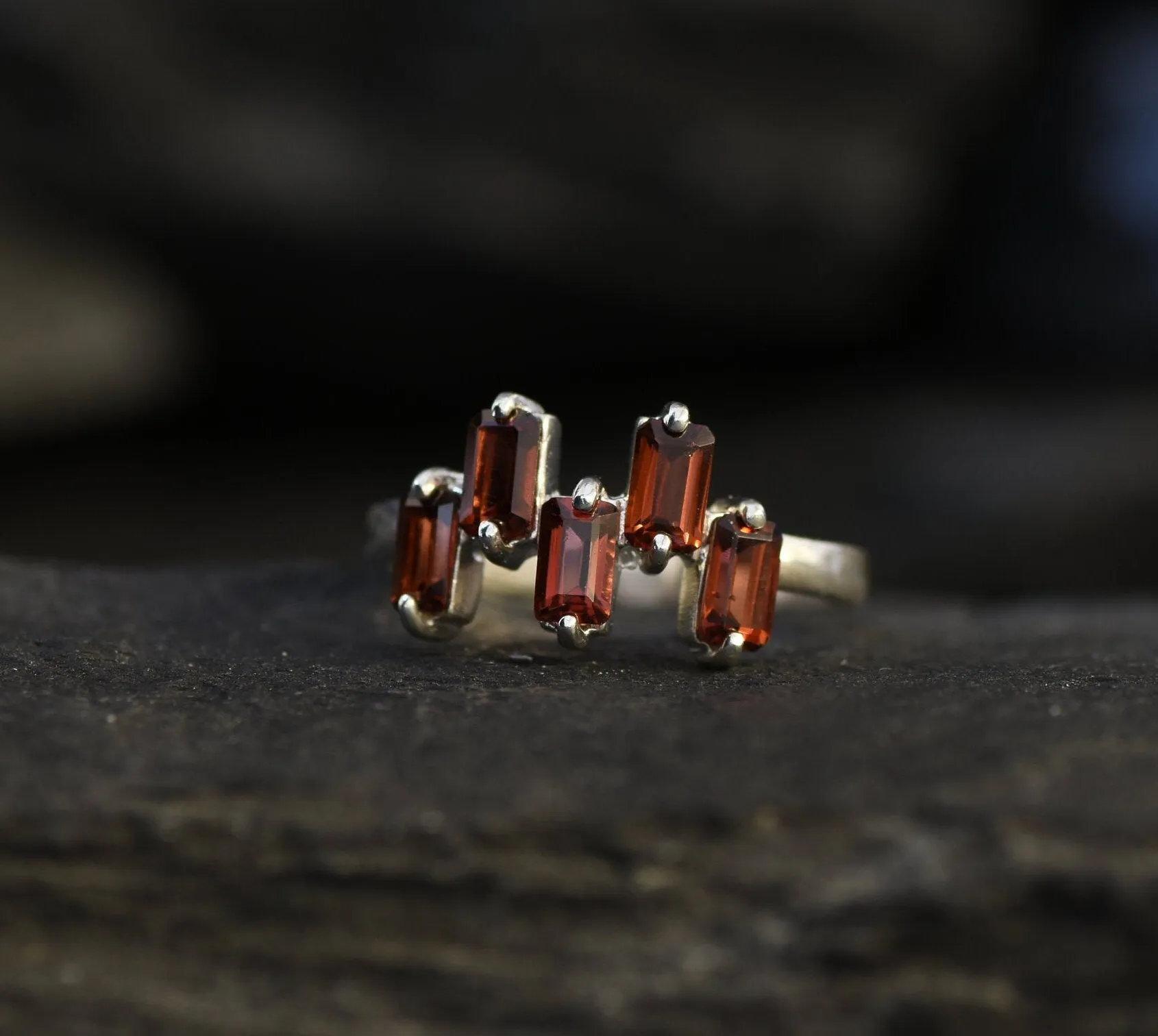 Natural Garnet Ring - Staggered Baguette Band - Red Square Ring
